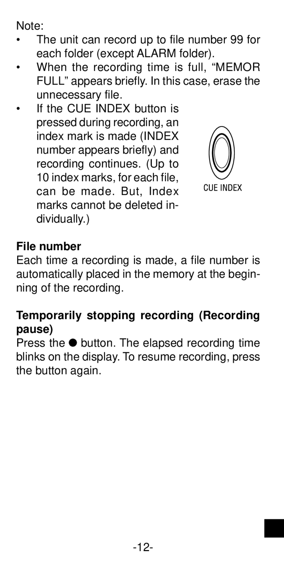 Sanyo ICR-B35 instruction manual File number, Temporarily stopping recording Recording pause 