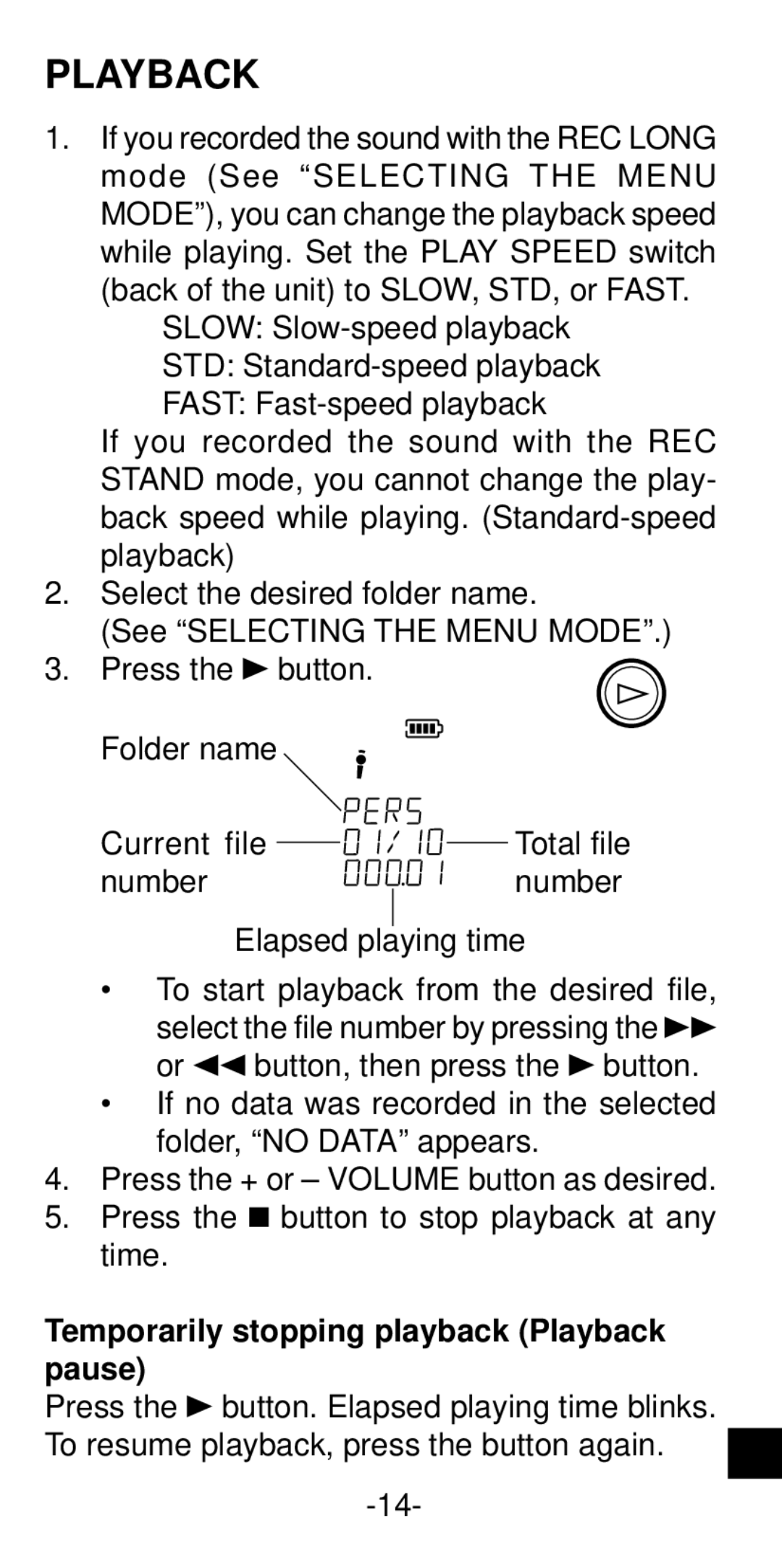 Sanyo ICR-B35 instruction manual Temporarily stopping playback Playback pause 