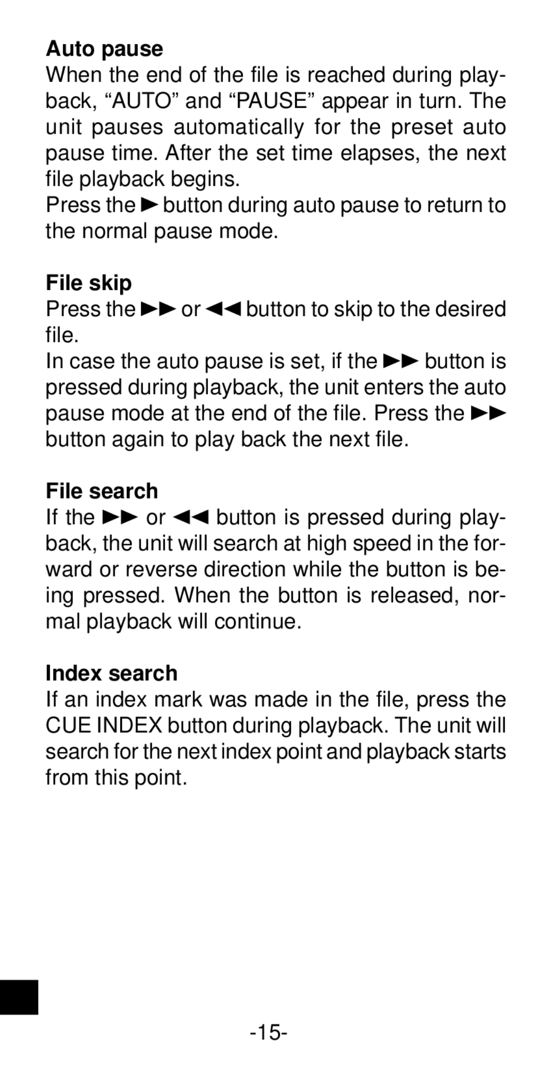 Sanyo ICR-B35 instruction manual Auto pause, File skip, File search, Index search 