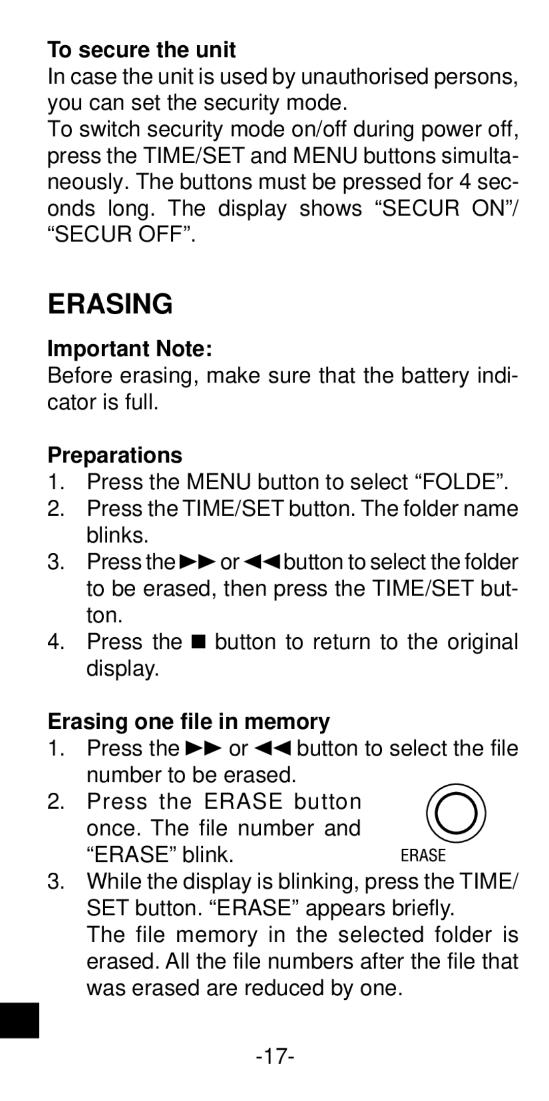 Sanyo ICR-B35 instruction manual To secure the unit, Important Note, Preparations, Erasing one file in memory 