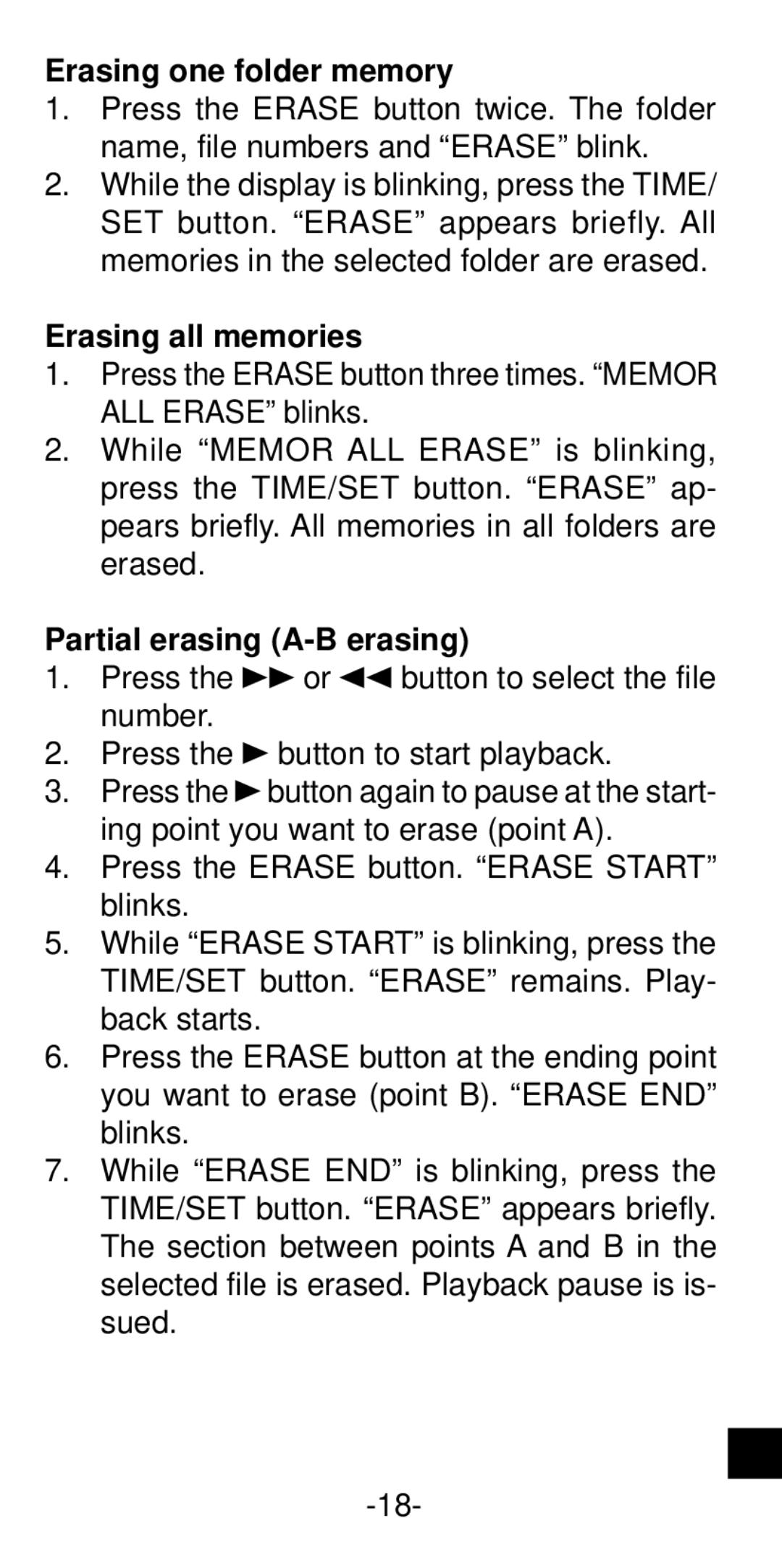 Sanyo ICR-B35 instruction manual Erasing one folder memory, Erasing all memories, Partial erasing A-B erasing 