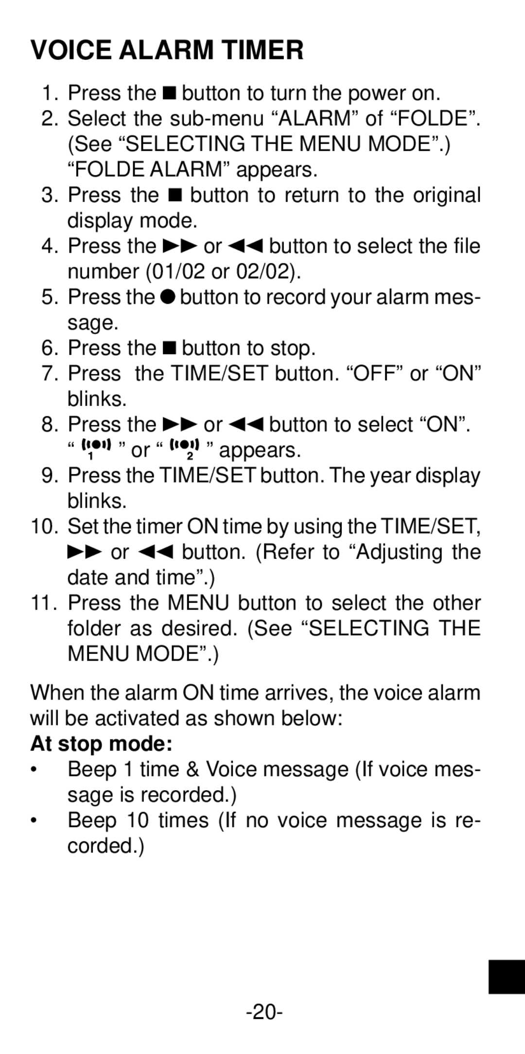 Sanyo ICR-B35 instruction manual Voice Alarm Timer, At stop mode 