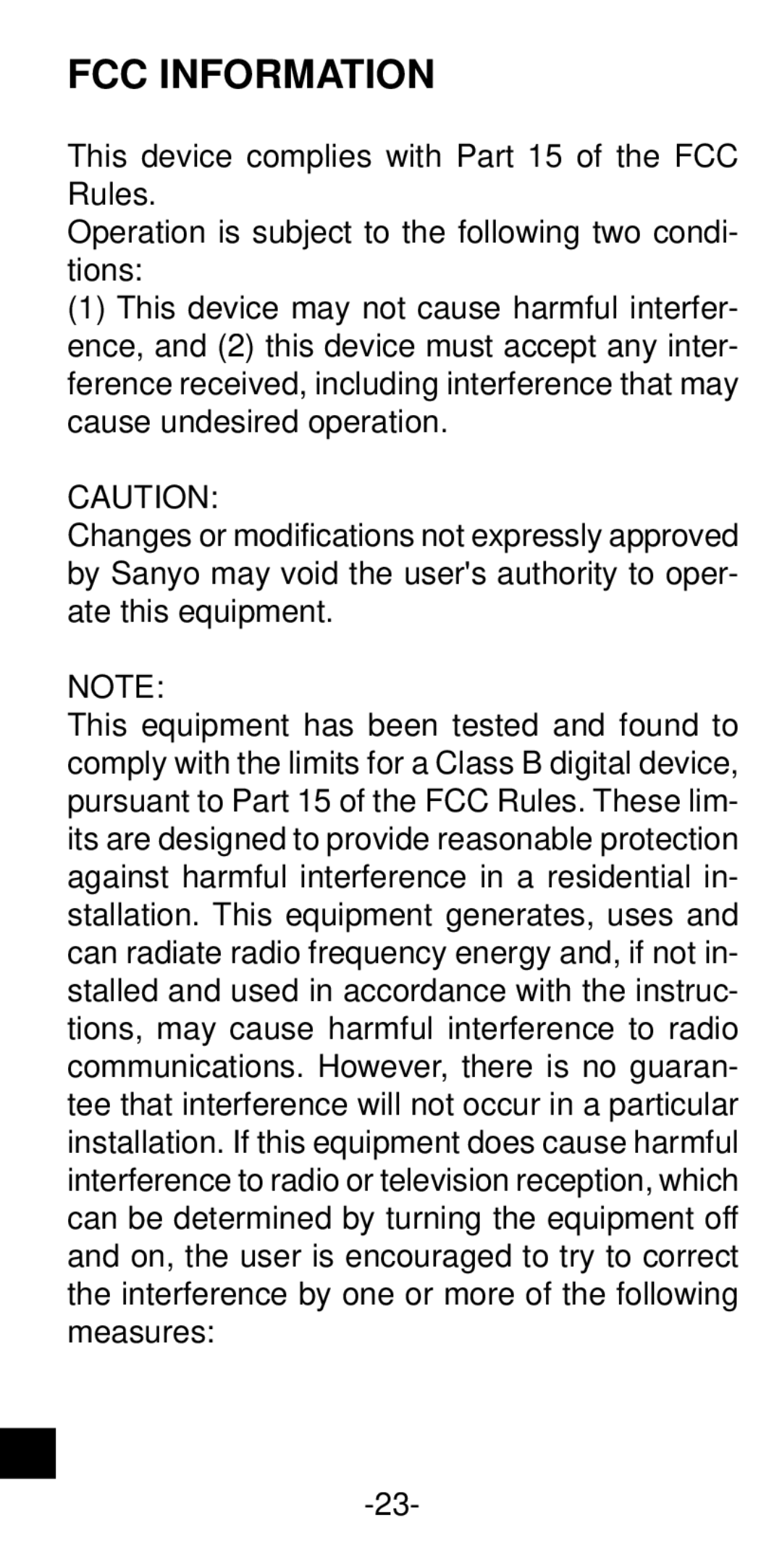 Sanyo ICR-B35 instruction manual FCC Information 