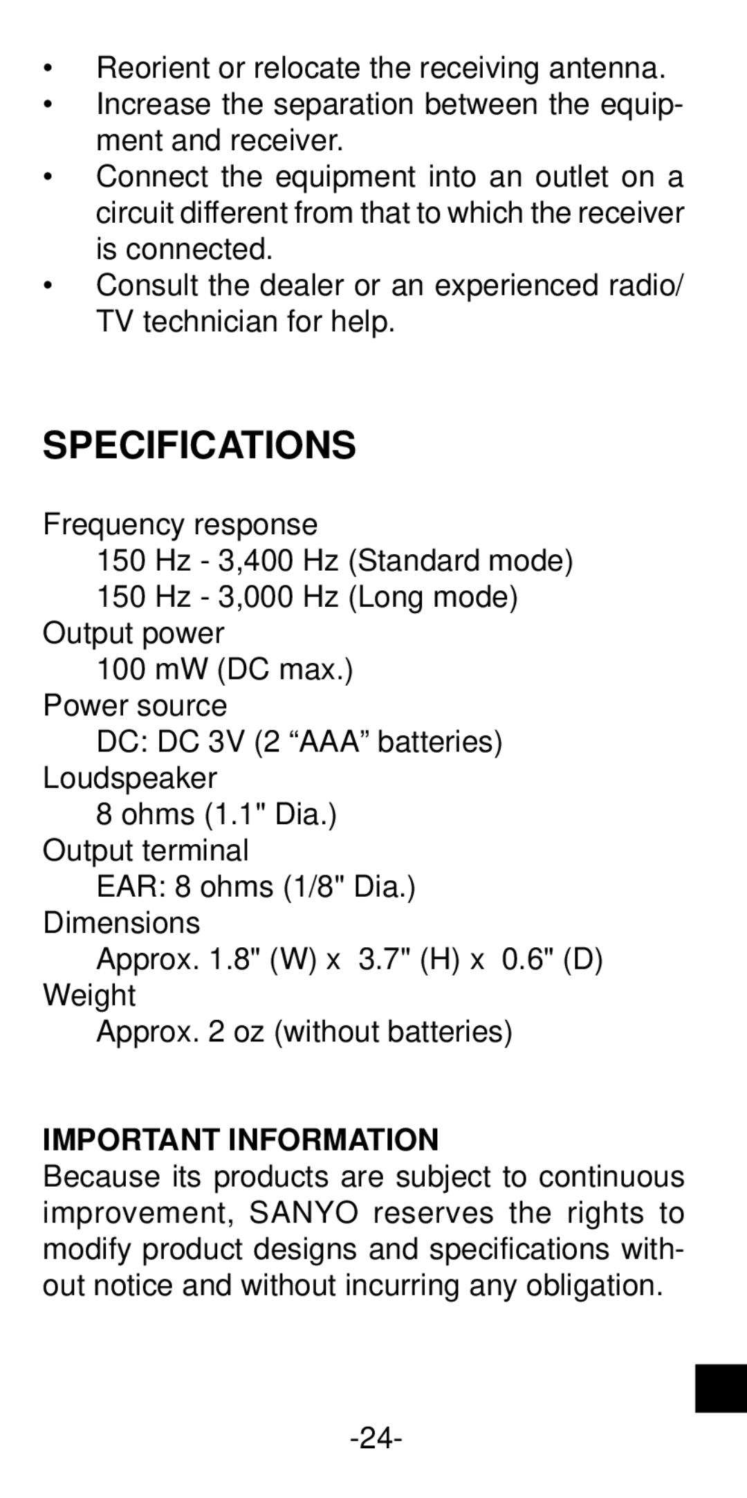 Sanyo ICR-B35 instruction manual Specifications, Important Information 