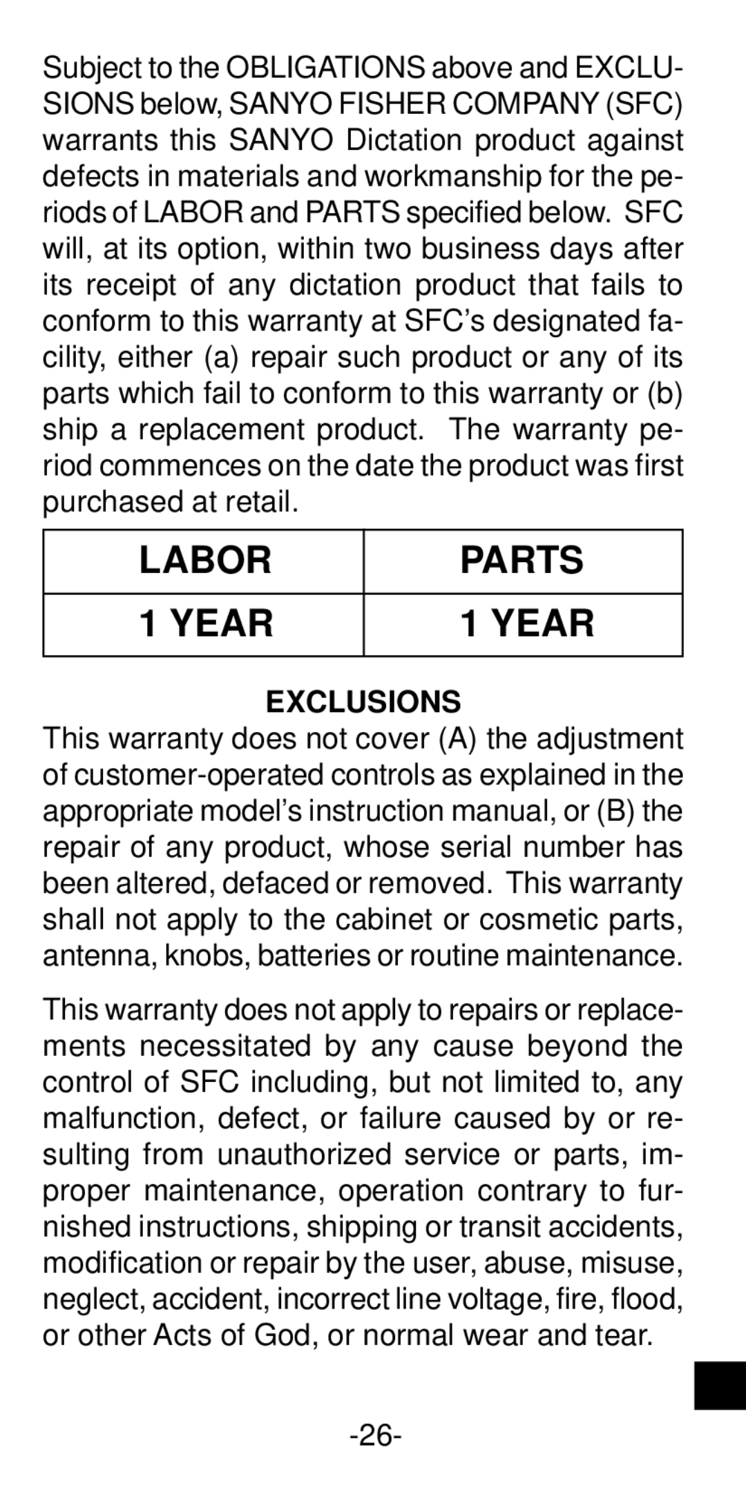 Sanyo ICR-B35 instruction manual Labor Parts Year, Exclusions 