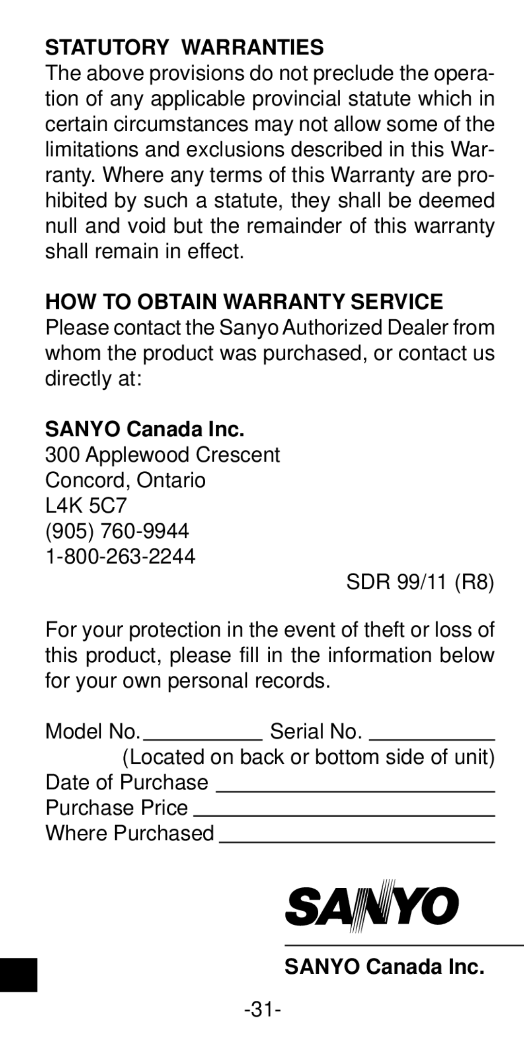 Sanyo ICR-B35 instruction manual Statutory Warranties, Sanyo Canada Inc 