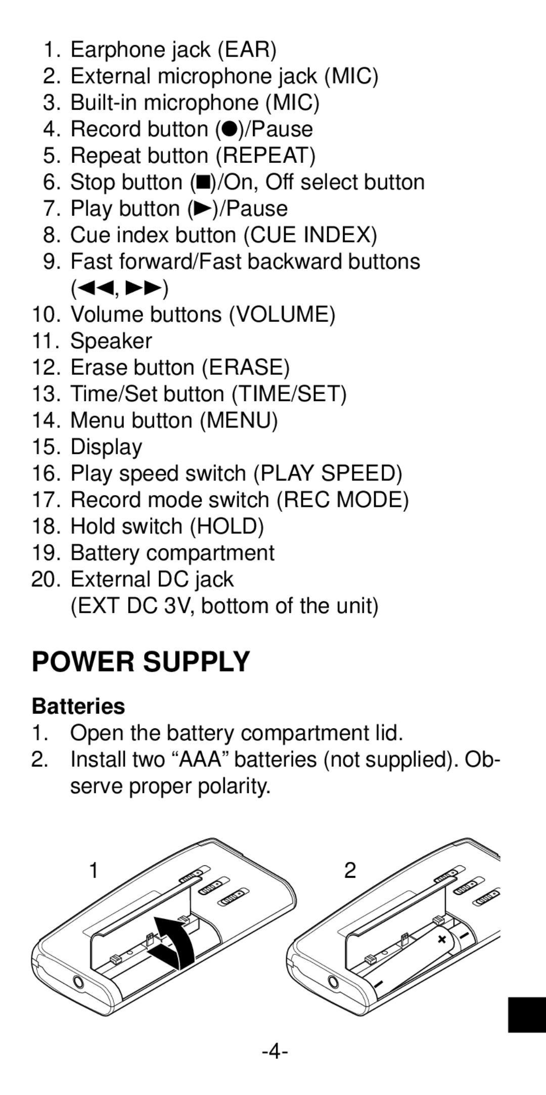 Sanyo ICR-B35 instruction manual Power Supply, Batteries 