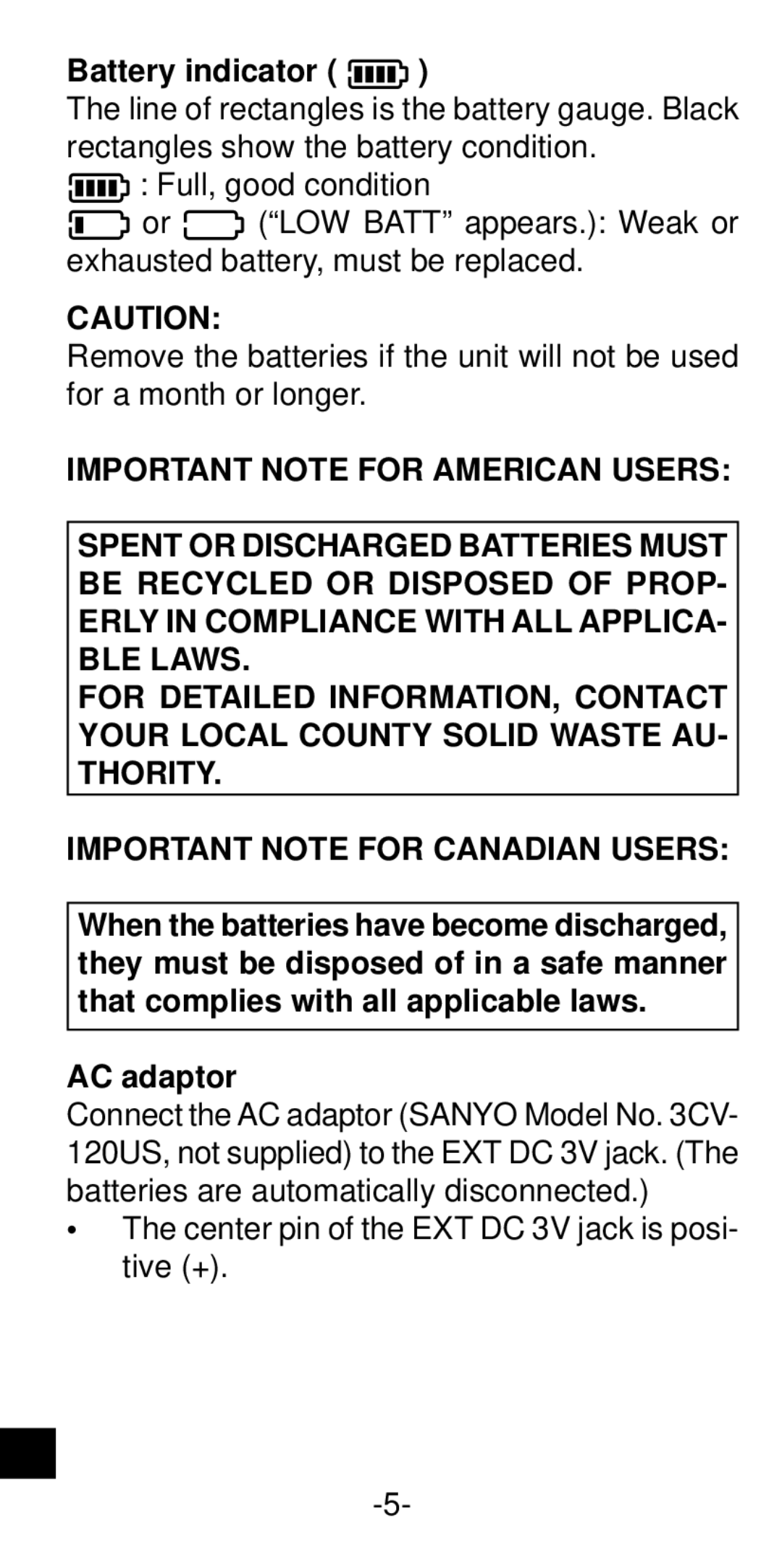 Sanyo ICR-B35 instruction manual Battery indicator, AC adaptor 