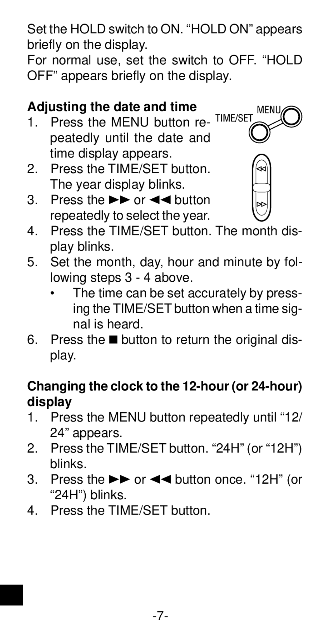 Sanyo ICR-B35 instruction manual Adjusting the date and time, Changing the clock to the 12-hour or 24-hour display 