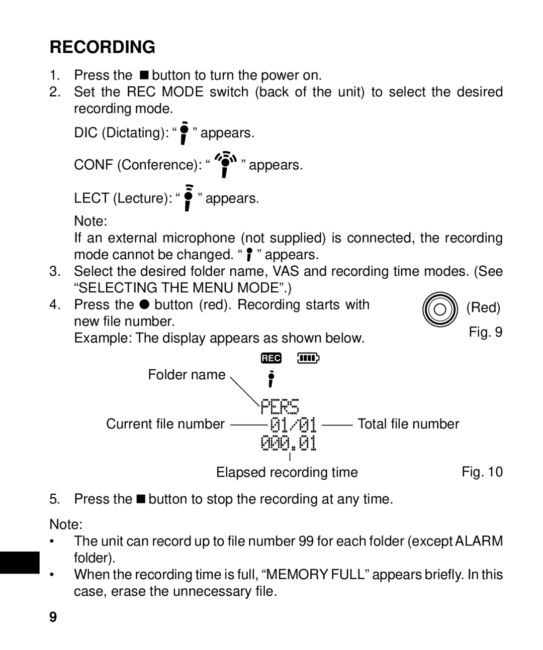 Sanyo ICR-B50 instruction manual Recording 