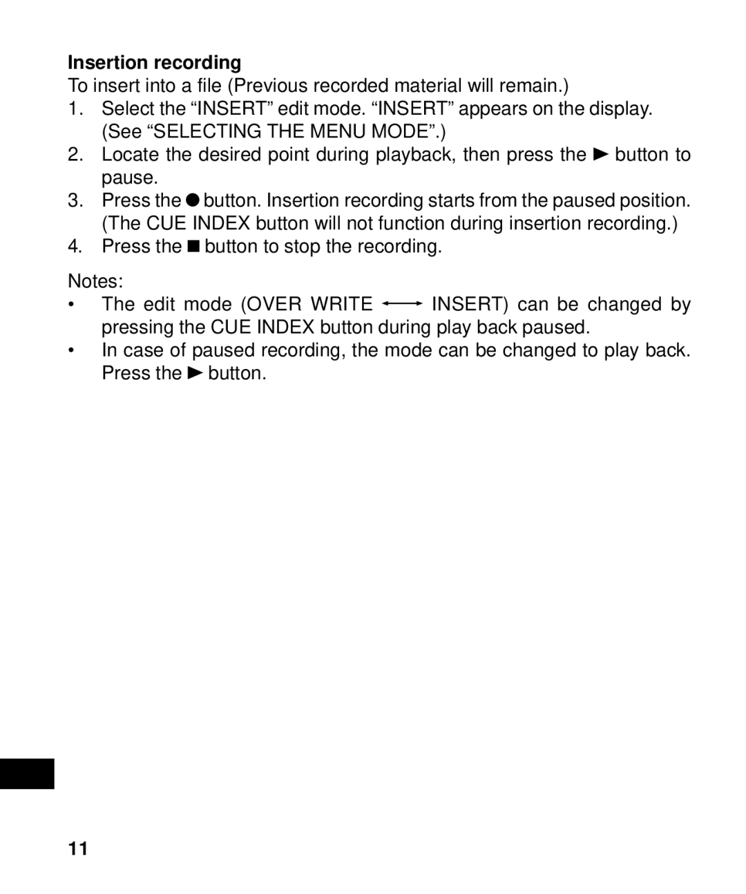 Sanyo ICR-B50 instruction manual Insertion recording 