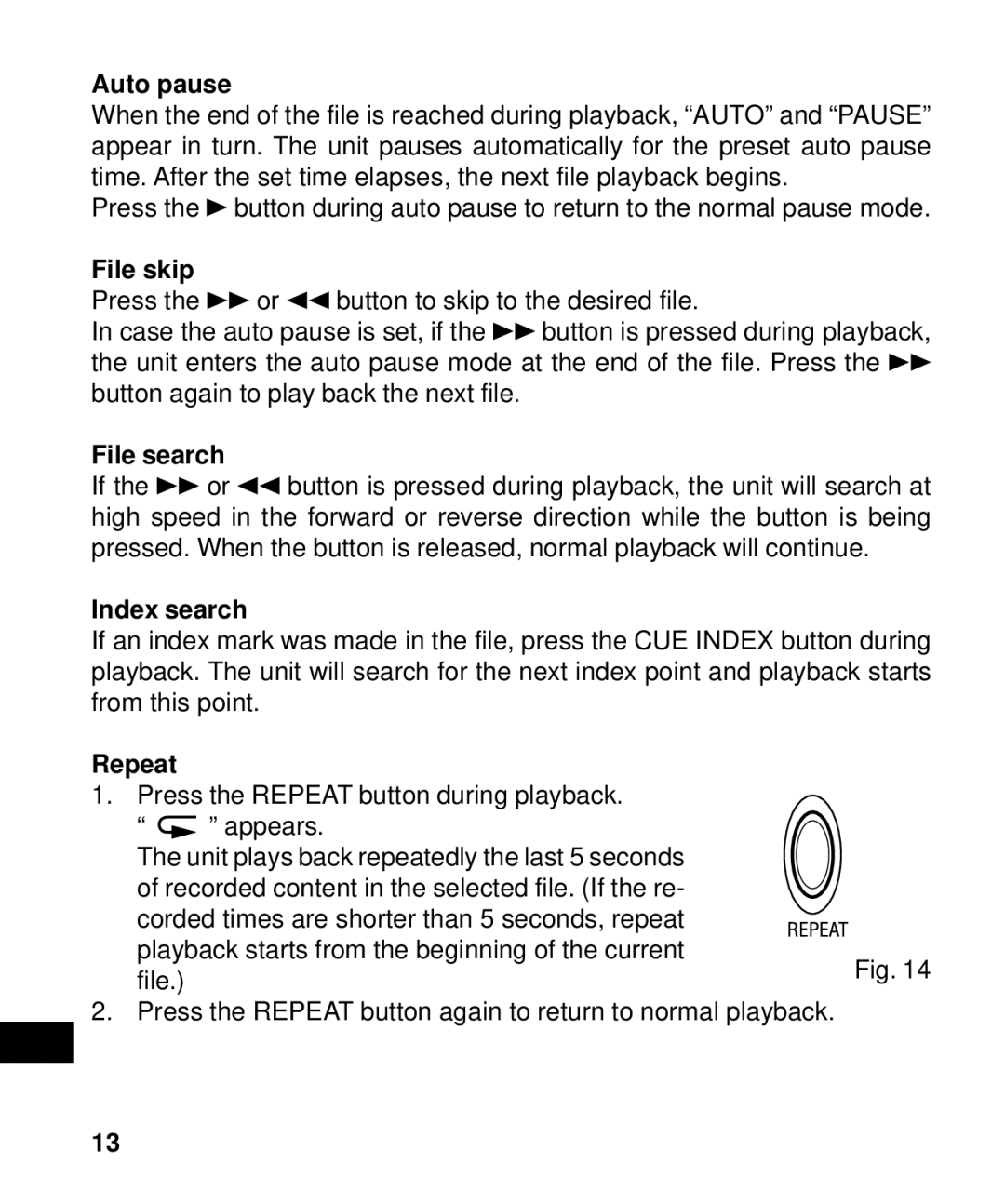 Sanyo ICR-B50 instruction manual Auto pause, File skip, File search, Index search, Repeat 