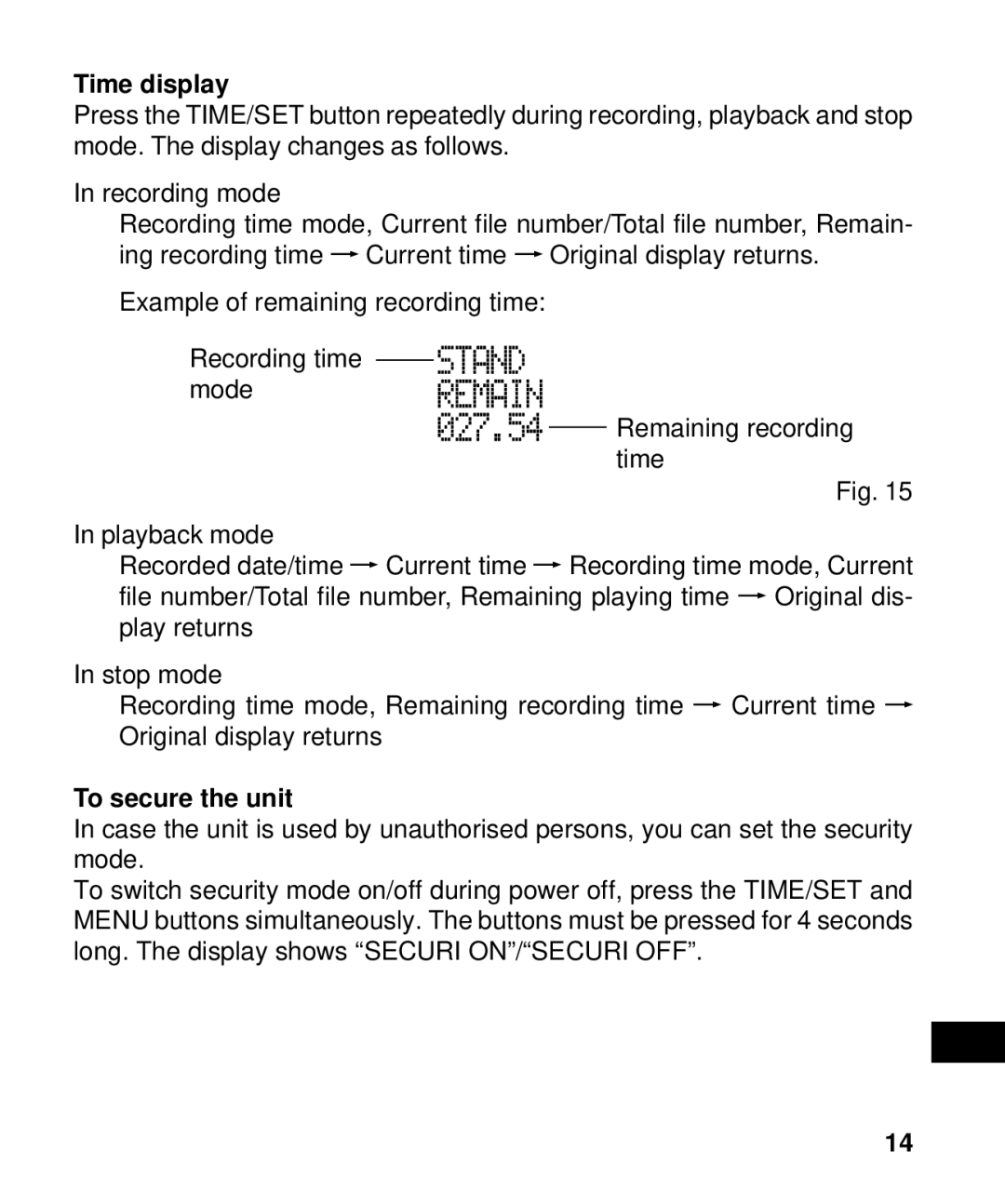 Sanyo ICR-B50 instruction manual Time display, To secure the unit 