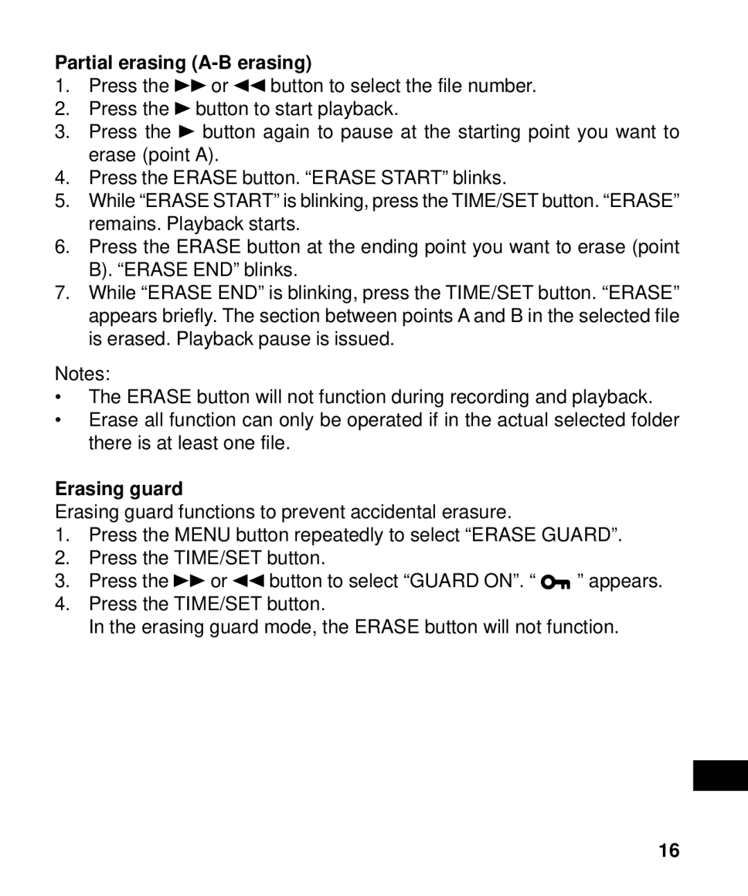 Sanyo ICR-B50 instruction manual Partial erasing A-B erasing, Erasing guard 