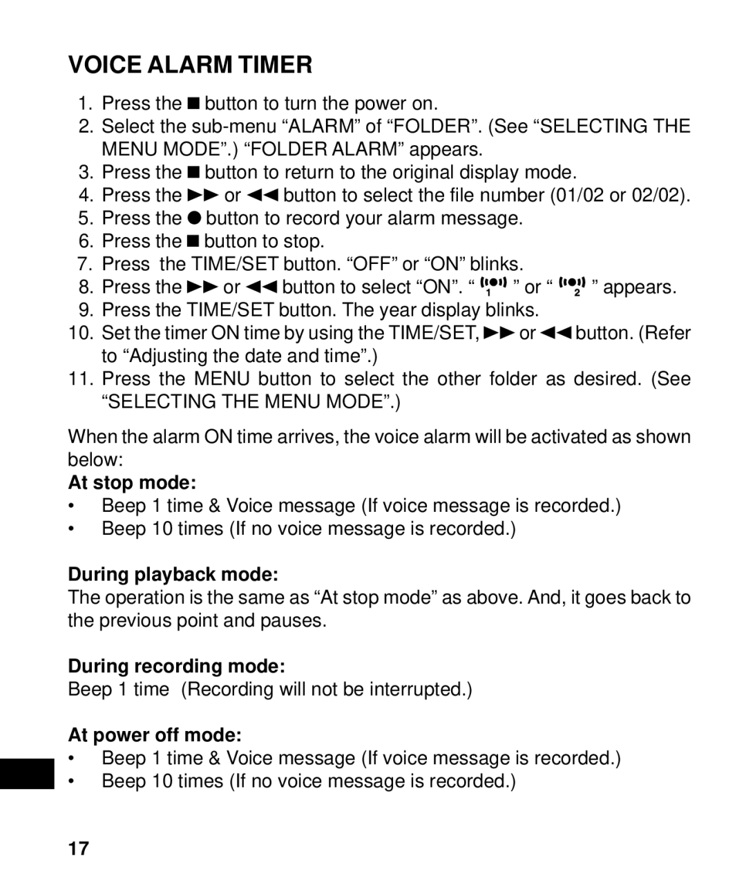 Sanyo ICR-B50 Voice Alarm Timer, At stop mode, During playback mode, During recording mode, At power off mode 