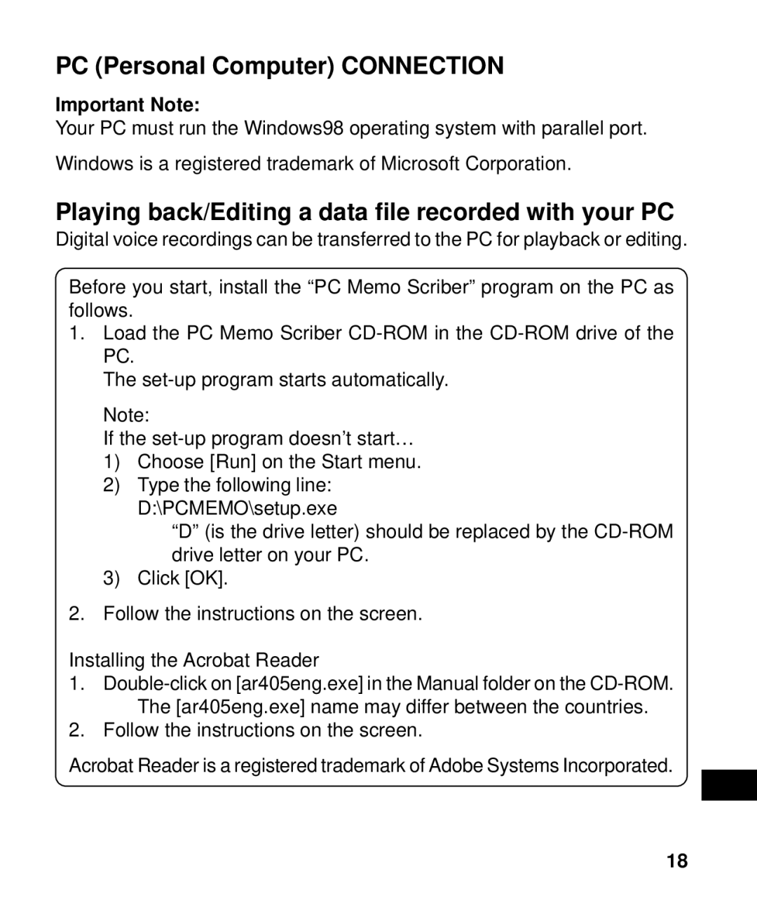 Sanyo ICR-B50 instruction manual PC Personal Computer Connection 