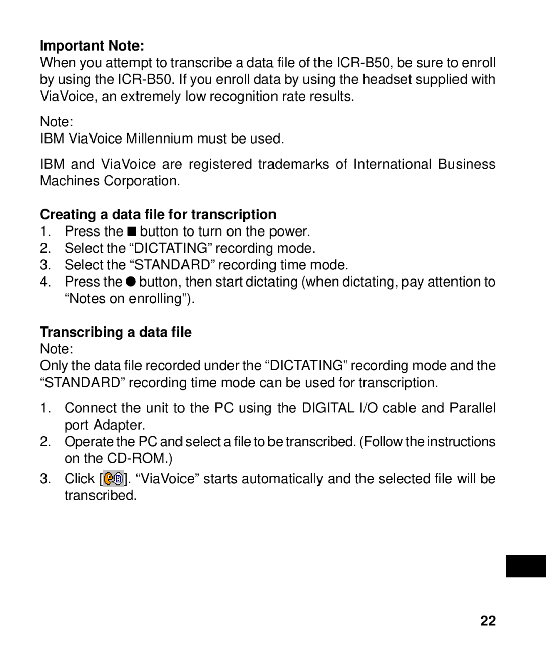 Sanyo ICR-B50 instruction manual Creating a data file for transcription, Transcribing a data file 