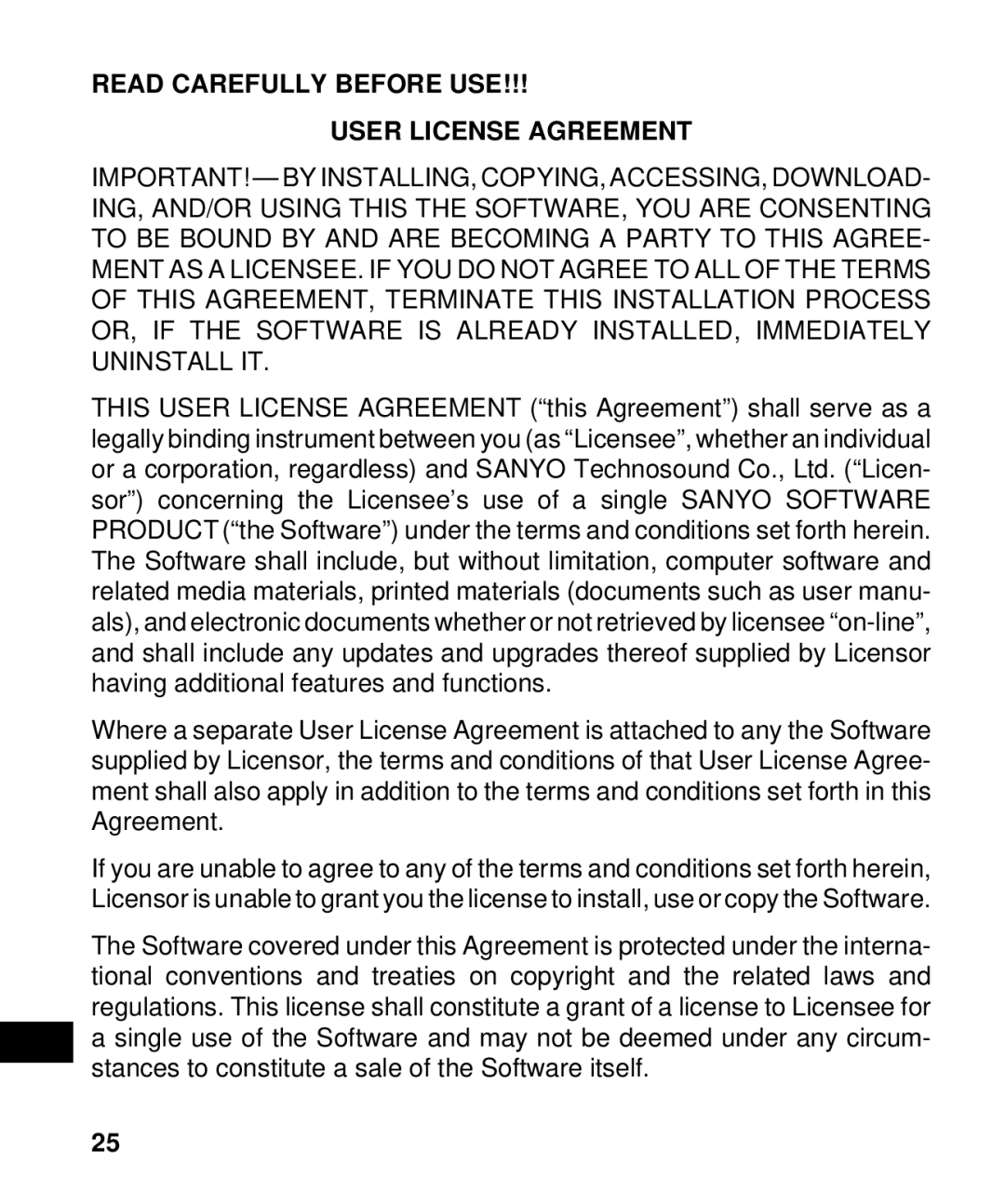 Sanyo ICR-B50 instruction manual Read Carefully Before USE User License Agreement 