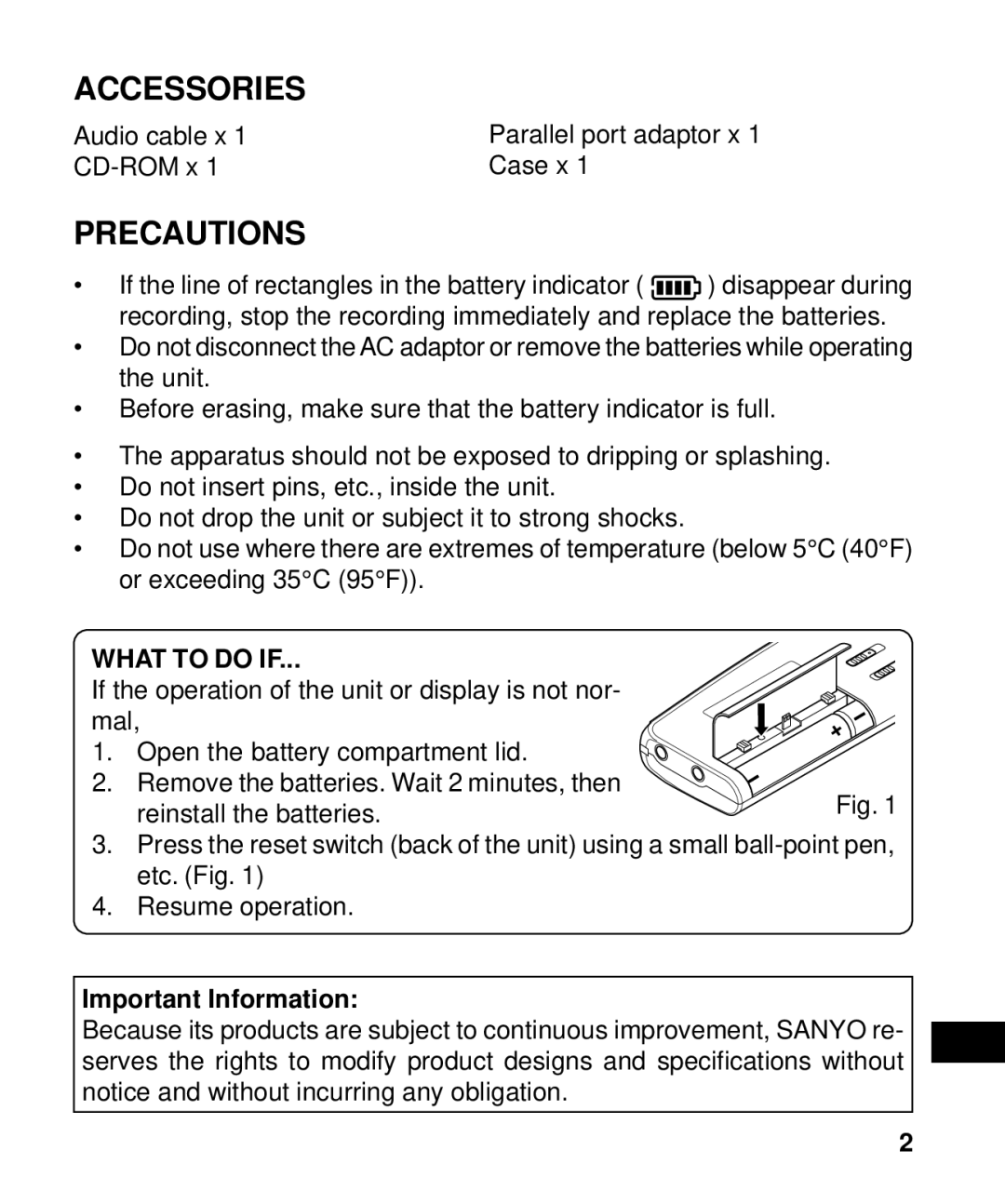 Sanyo ICR-B50 instruction manual Accessories, Precautions, What to do if, Important Information 