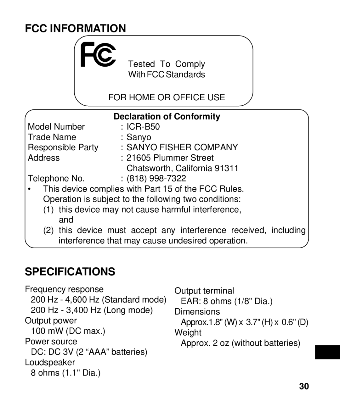 Sanyo ICR-B50 instruction manual FCC Information, Specifications 