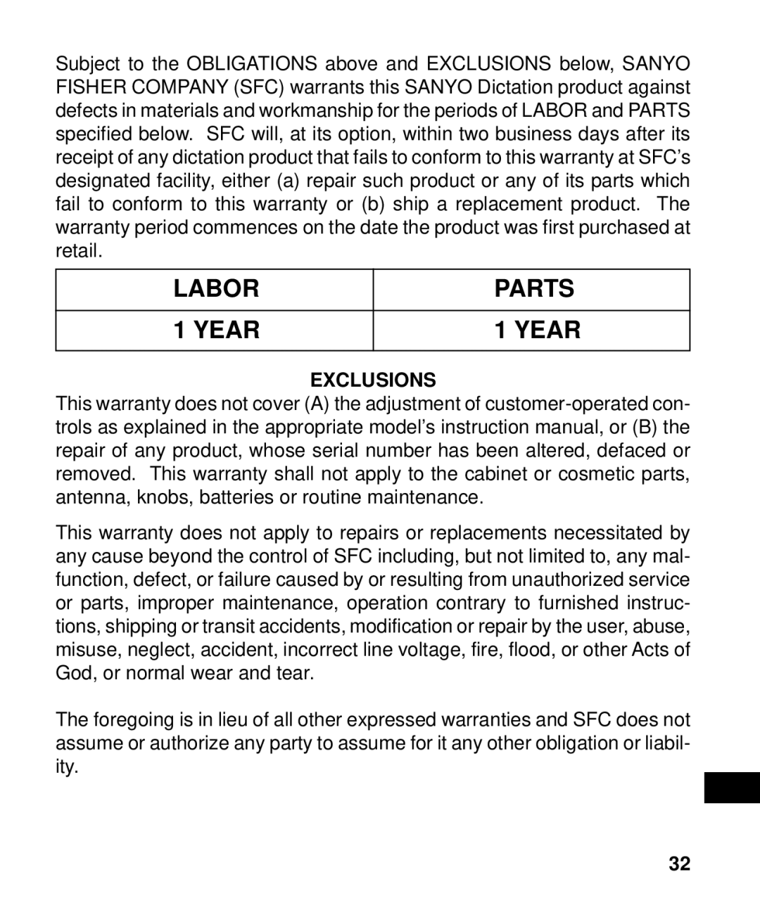 Sanyo ICR-B50 instruction manual Labor Parts Year, Exclusions 