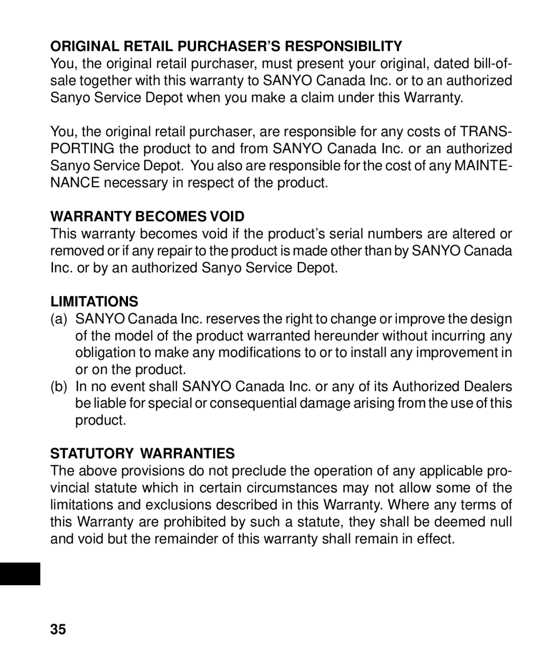 Sanyo ICR-B50 Original Retail PURCHASER’S Responsibility, Warranty Becomes Void, Limitations, Statutory Warranties 