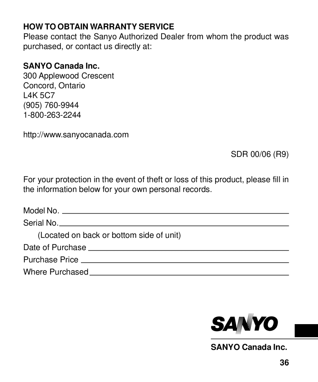 Sanyo ICR-B50 instruction manual HOW to Obtain Warranty Service, Sanyo Canada Inc 