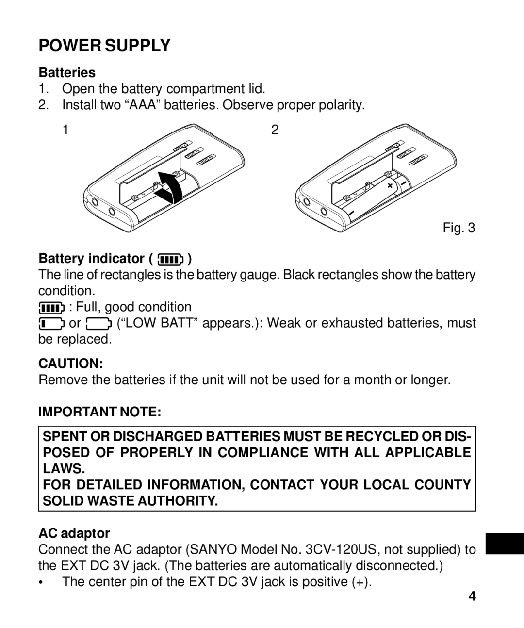 Sanyo ICR-B50 instruction manual Power Supply, Batteries, Battery indicator, AC adaptor 