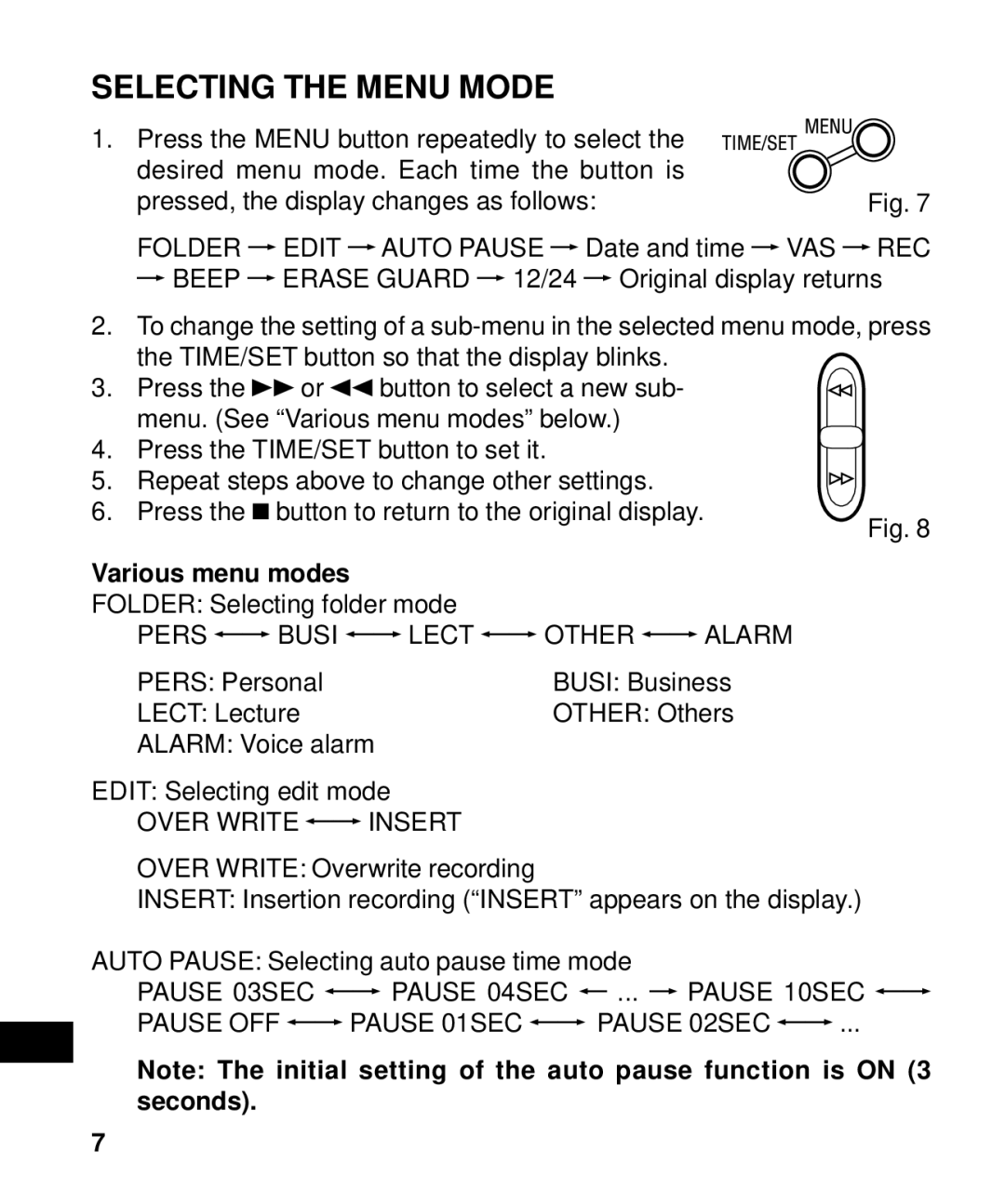 Sanyo ICR-B50 instruction manual Selecting the Menu Mode, Various menu modes 