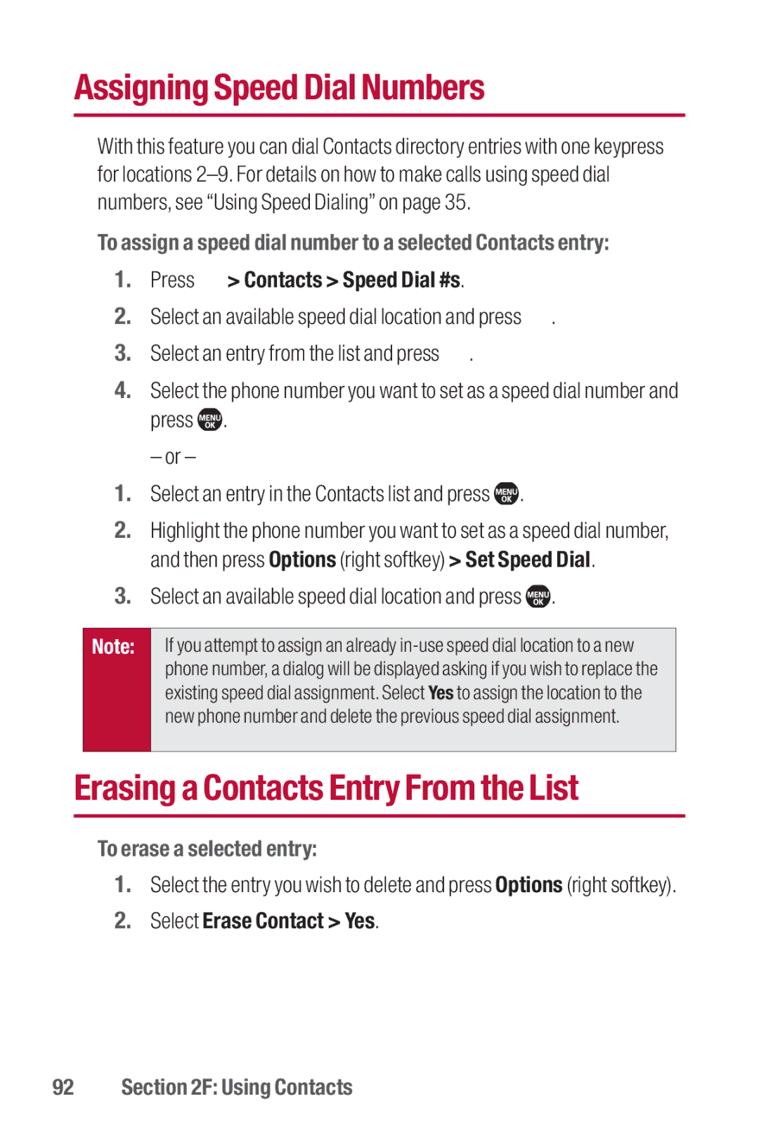 Sanyo II manual Assigning Speed Dial Numbers, Erasing a Contacts Entry From the List, To erase a selected entry 