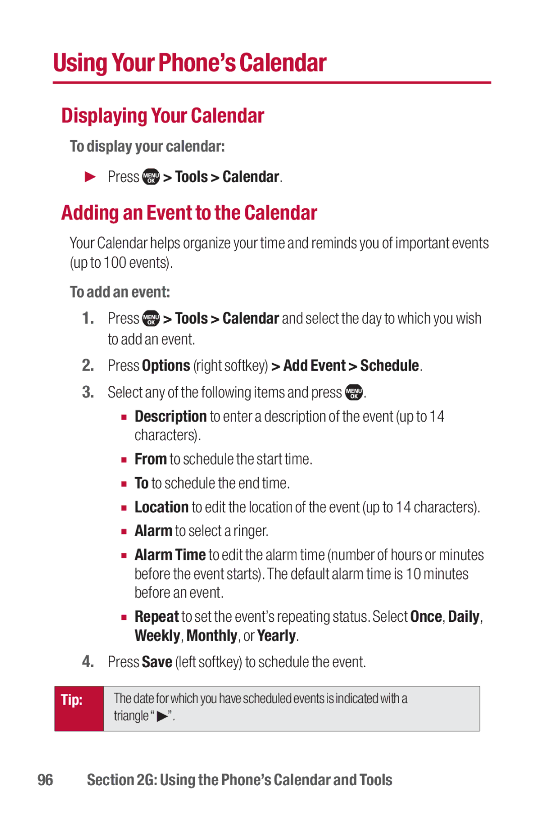 Sanyo II manual Using Your Phone’s Calendar, Displaying Your Calendar, Adding an Event to the Calendar 