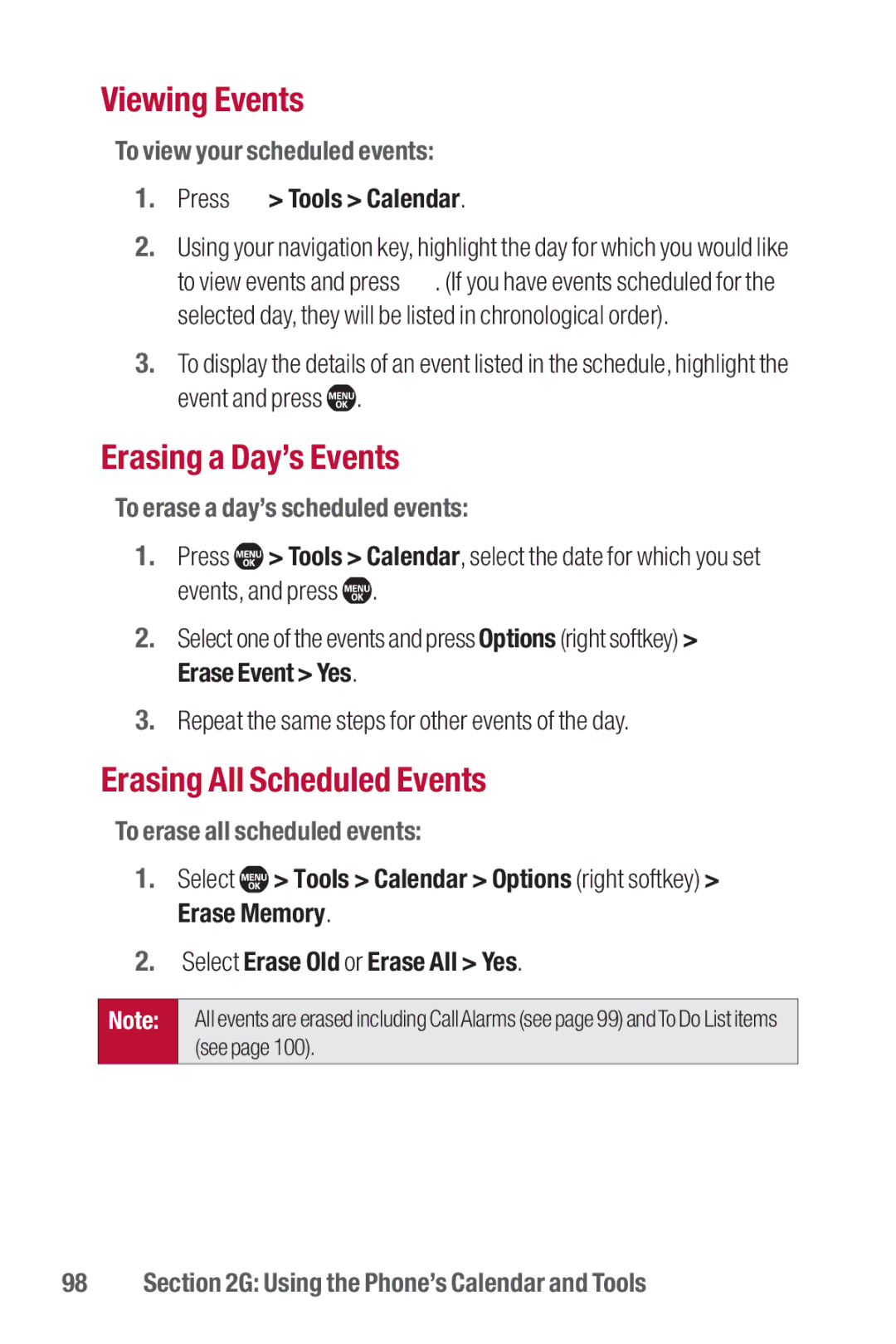 Sanyo II manual Viewing Events, Erasing a Day’s Events, Erasing All Scheduled Events 