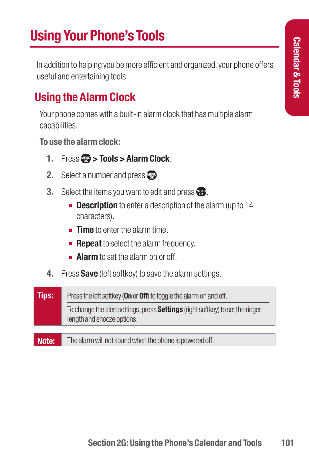 Sanyo II manual Using Your Phone’s Tools, Using the Alarm Clock, To use the alarm clock, Press Tools Alarm Clock, 101 