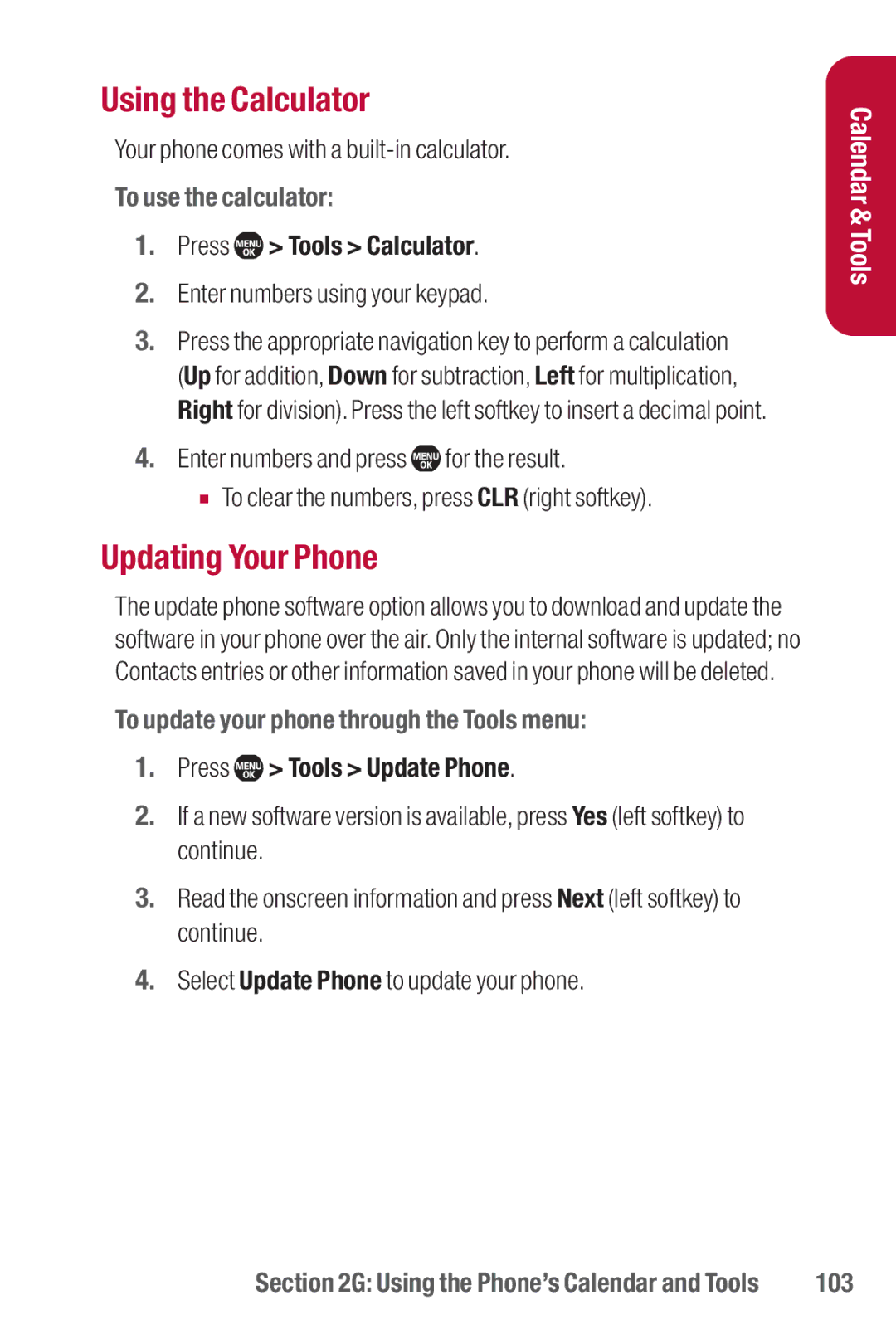 Sanyo II Using the Calculator, Updating Your Phone, To use the calculator, To update your phone through the Tools menu 