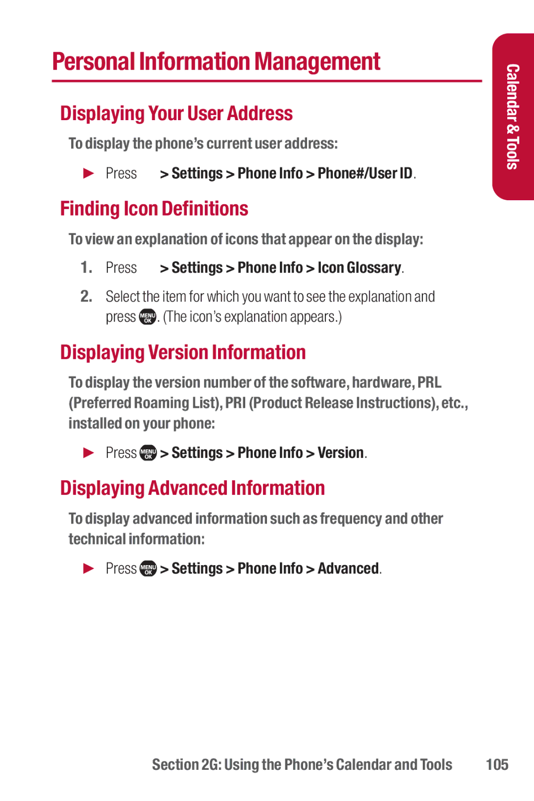 Sanyo II manual Personal Information Management, Displaying Your User Address, Finding Icon Definitions 