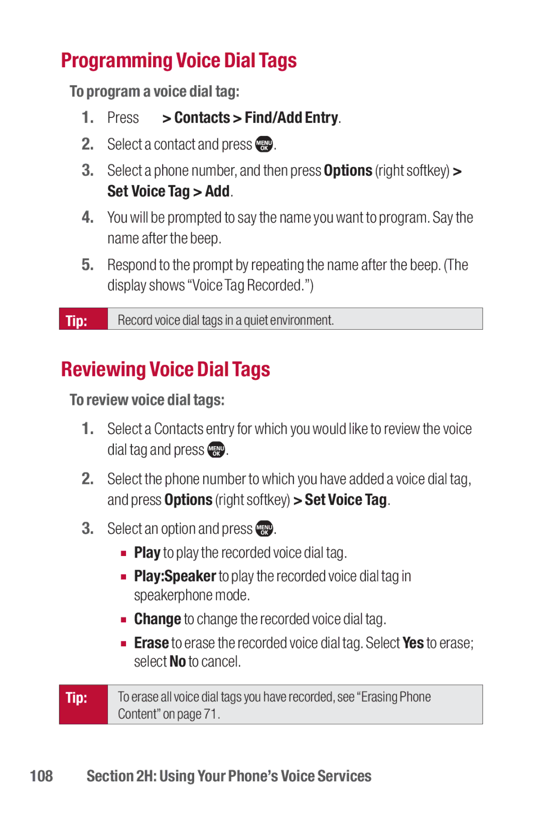 Sanyo II Programming Voice Dial Tags, Reviewing Voice Dial Tags, To program a voice dial tag, To review voice dial tags 