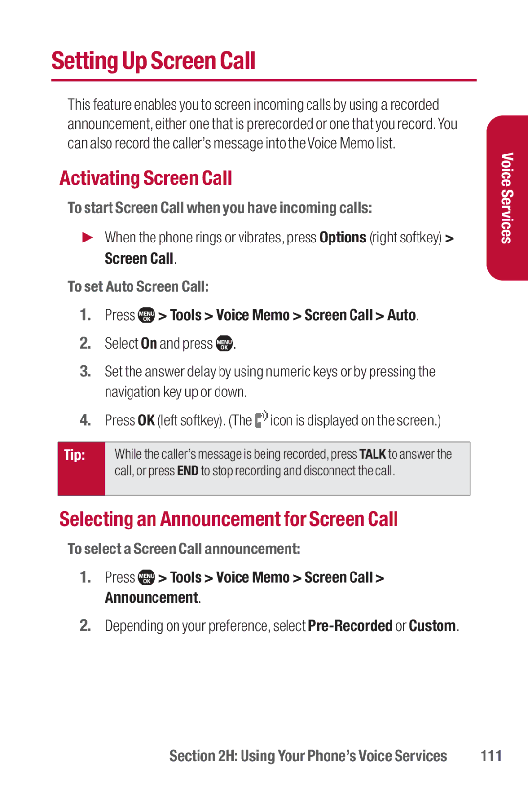 Sanyo II manual Setting Up Screen Call, Activating Screen Call, Selecting an Announcement for Screen Call 