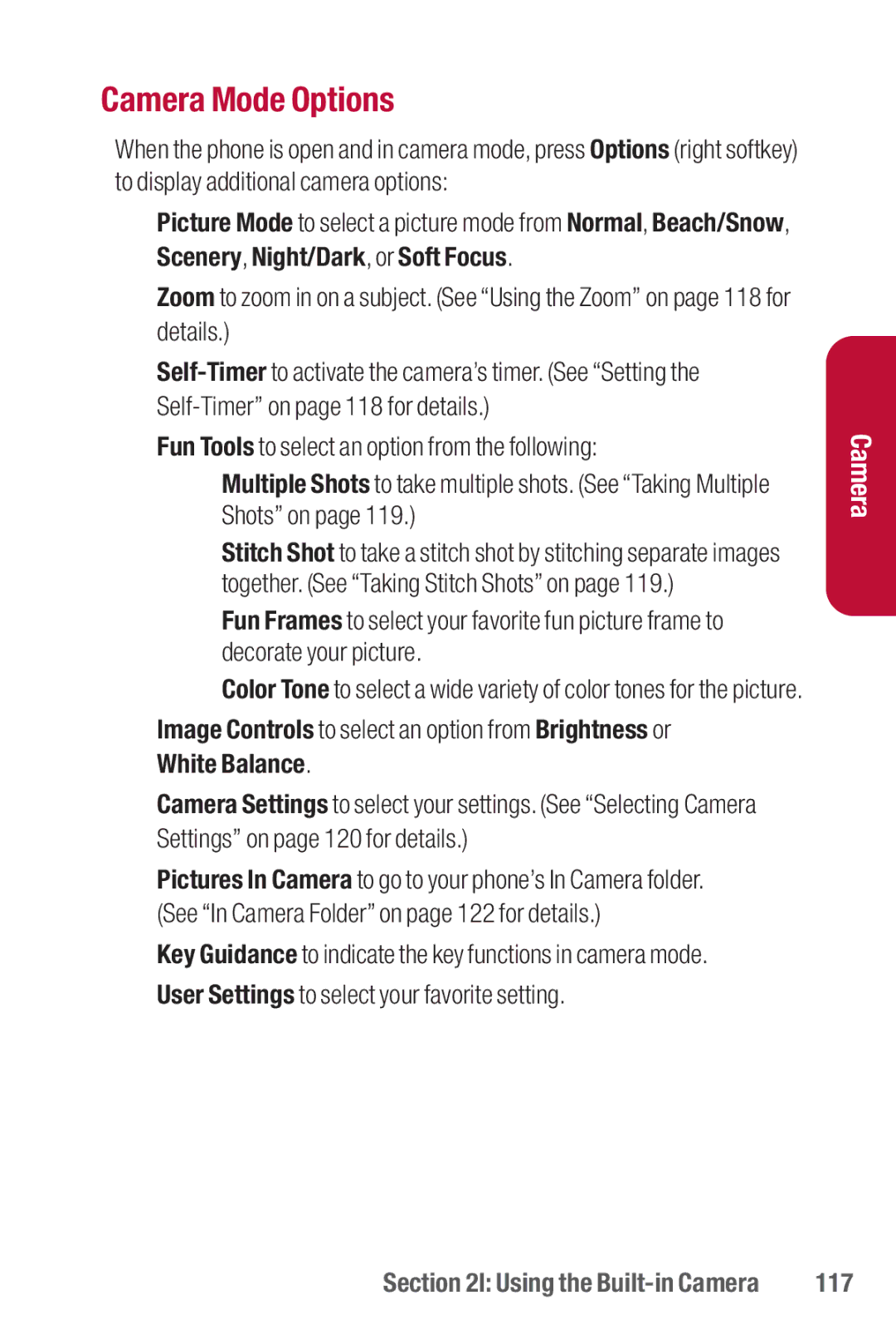 Sanyo II manual Camera Mode Options, 117 