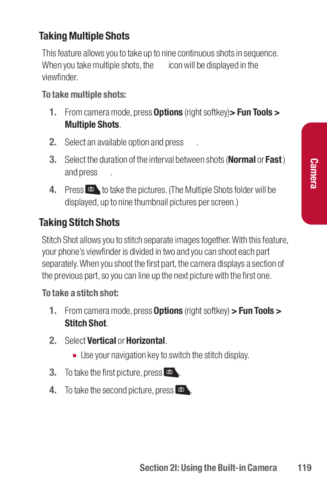 Sanyo II manual Taking Multiple Shots, Taking Stitch Shots, To take multiple shots, To take a stitch shot, 119 