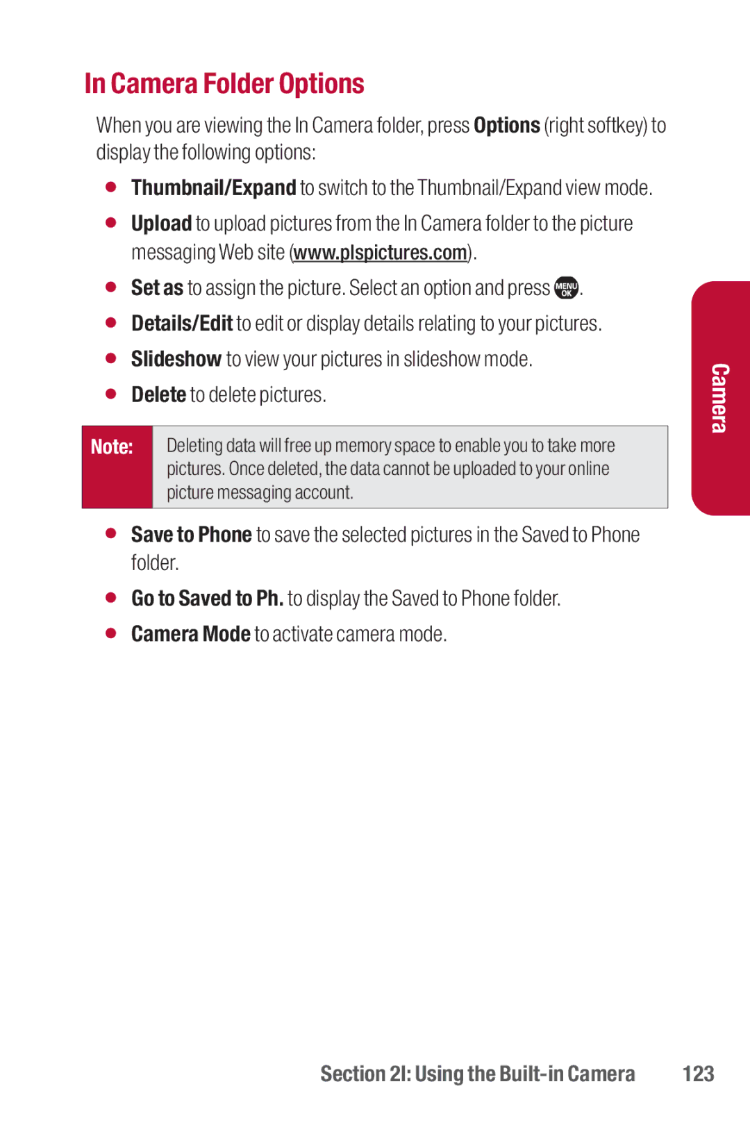 Sanyo II manual Camera Folder Options, 123 