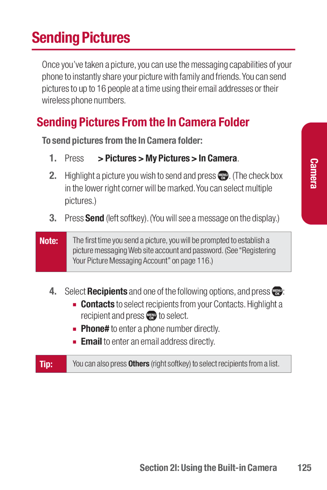 Sanyo II manual Sending Pictures From the In Camera Folder, To send pictures from the In Camera folder, 125 