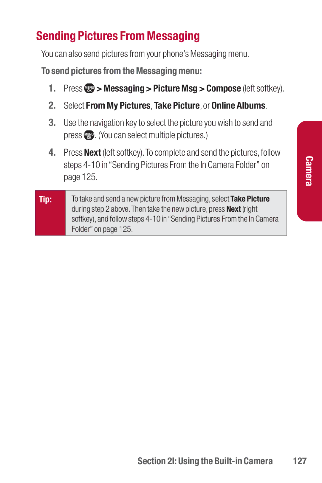 Sanyo II manual Sending Pictures From Messaging, You can also send pictures from your phone’s Messaging menu, 127 