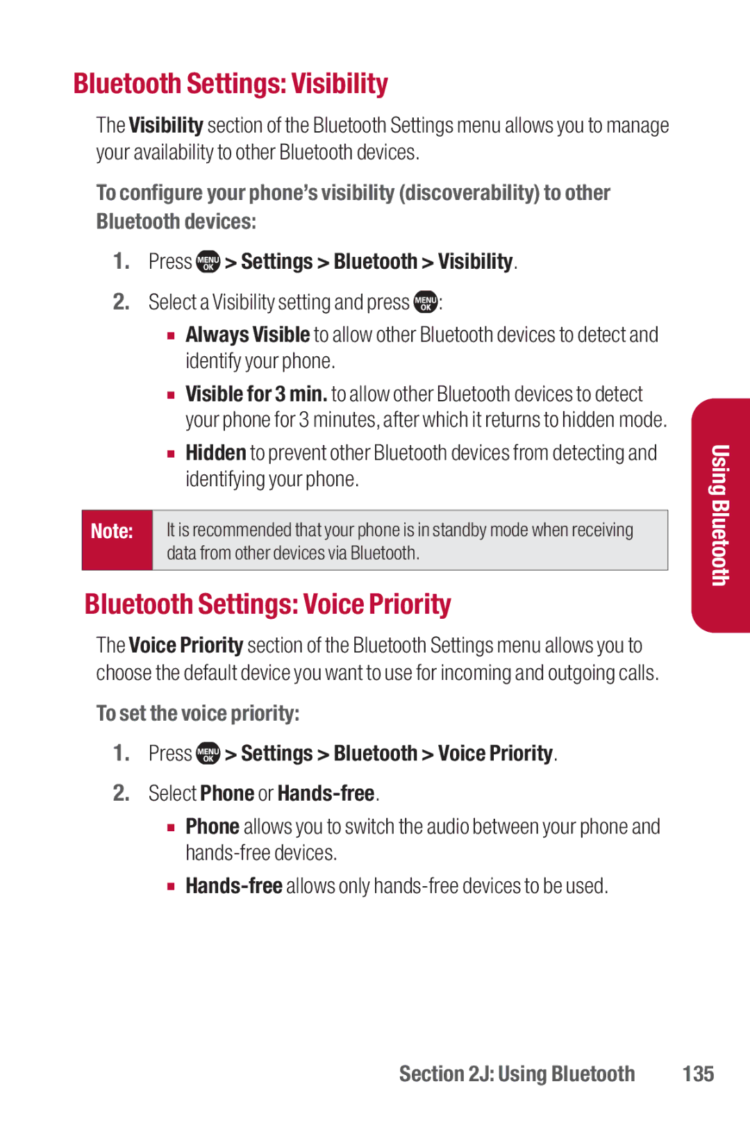 Sanyo II manual Bluetooth Settings Visibility, Bluetooth Settings Voice Priority, Press Settings Bluetooth Visibility, 135 