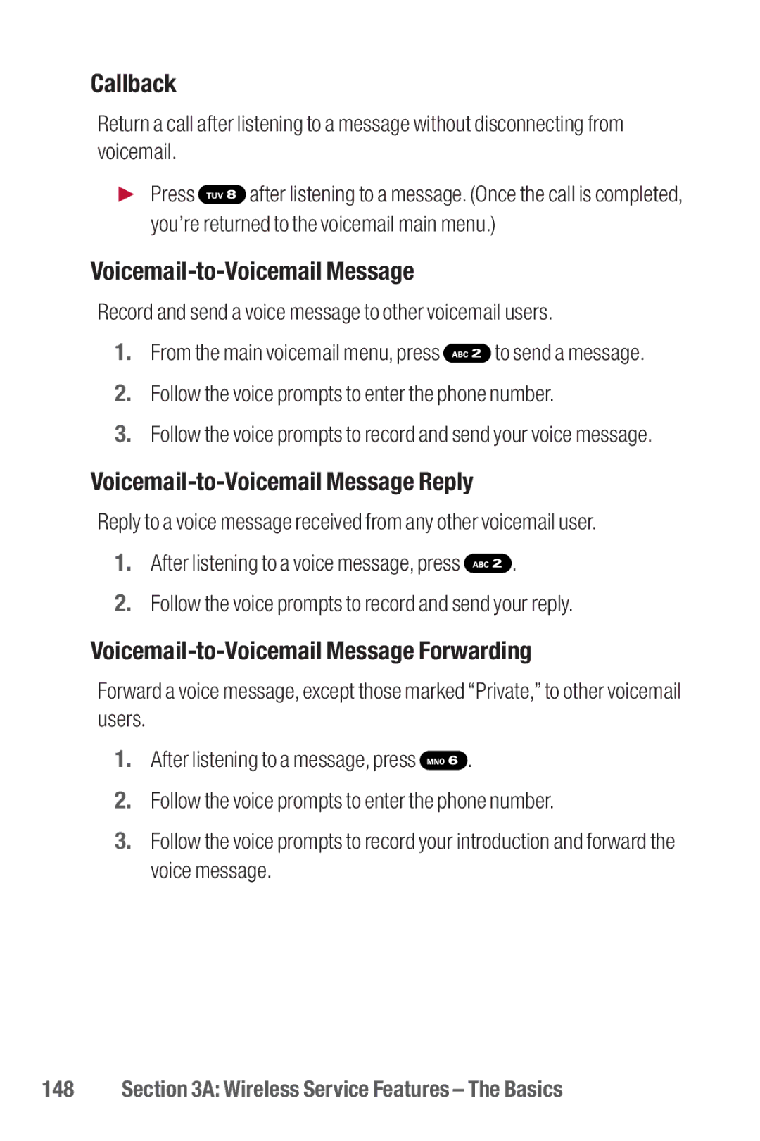 Sanyo II manual Callback, Voicemail-to-Voicemail Message Reply, Voicemail-to-Voicemail Message Forwarding 