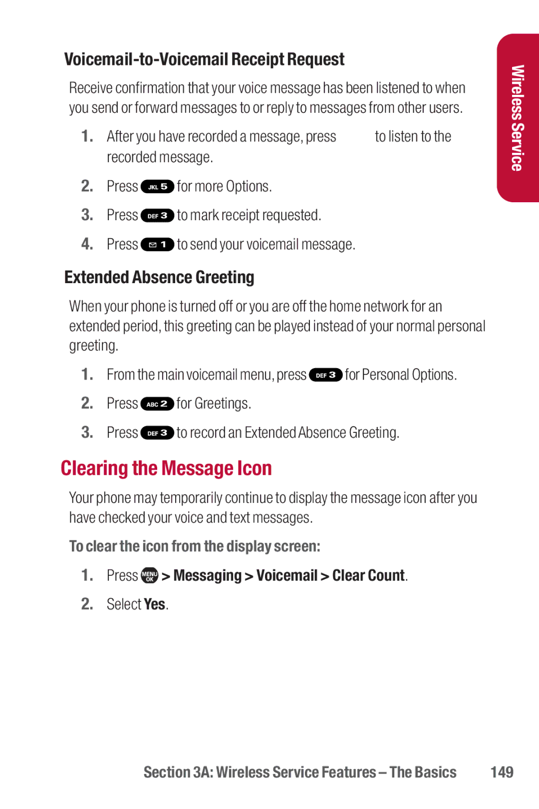 Sanyo II manual Clearing the Message Icon, Voicemail-to-Voicemail Receipt Request, Extended Absence Greeting, 149 