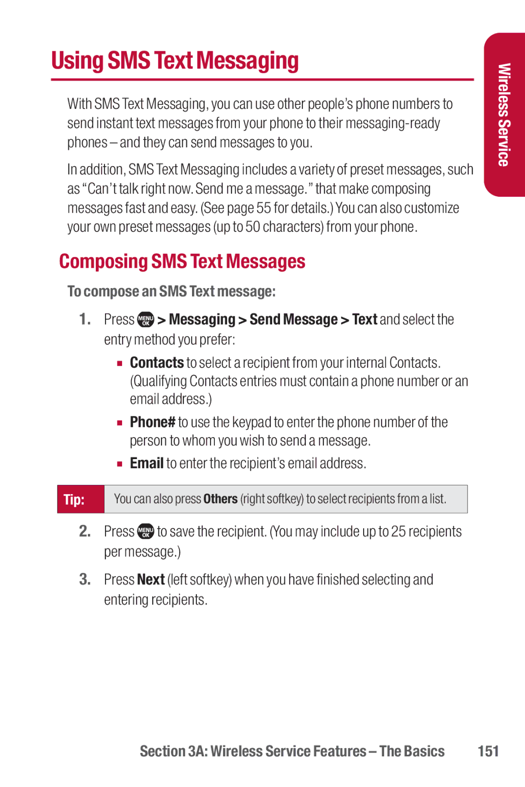 Sanyo II manual Using SMS Text Messaging, Composing SMS Text Messages, To compose an SMS Text message, 151 