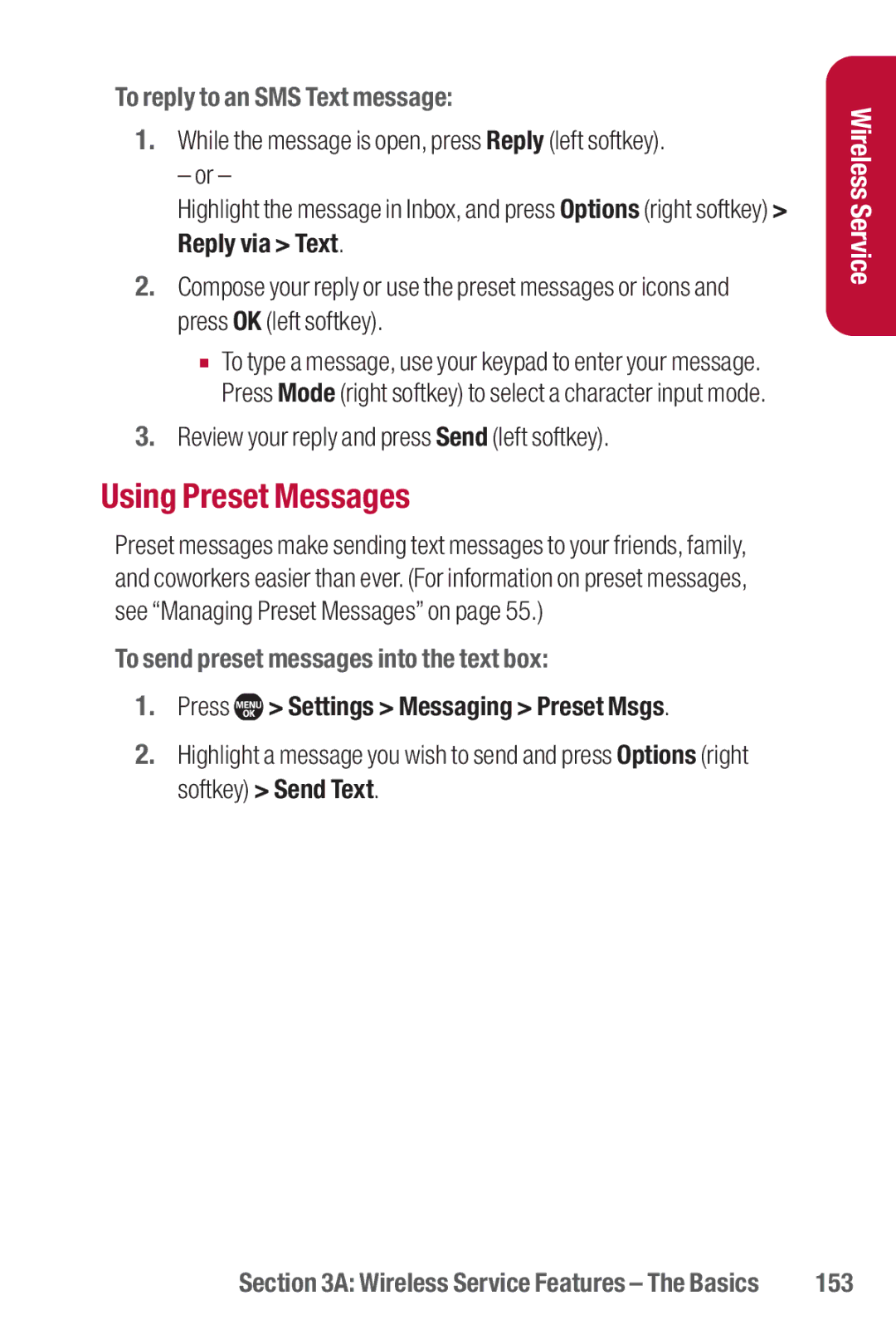 Sanyo II manual Using Preset Messages, To reply to an SMS Text message, To send preset messages into the text box, 153 