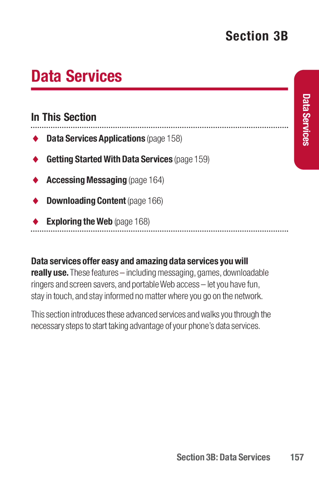 Sanyo II manual Data Services Applications, Accessing Messaging Downloading Content Exploring the Web, 157 