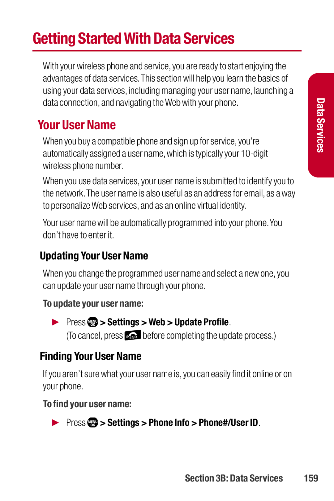 Sanyo II manual Getting Started With Data Services, Updating Your User Name, Finding Your User Name 