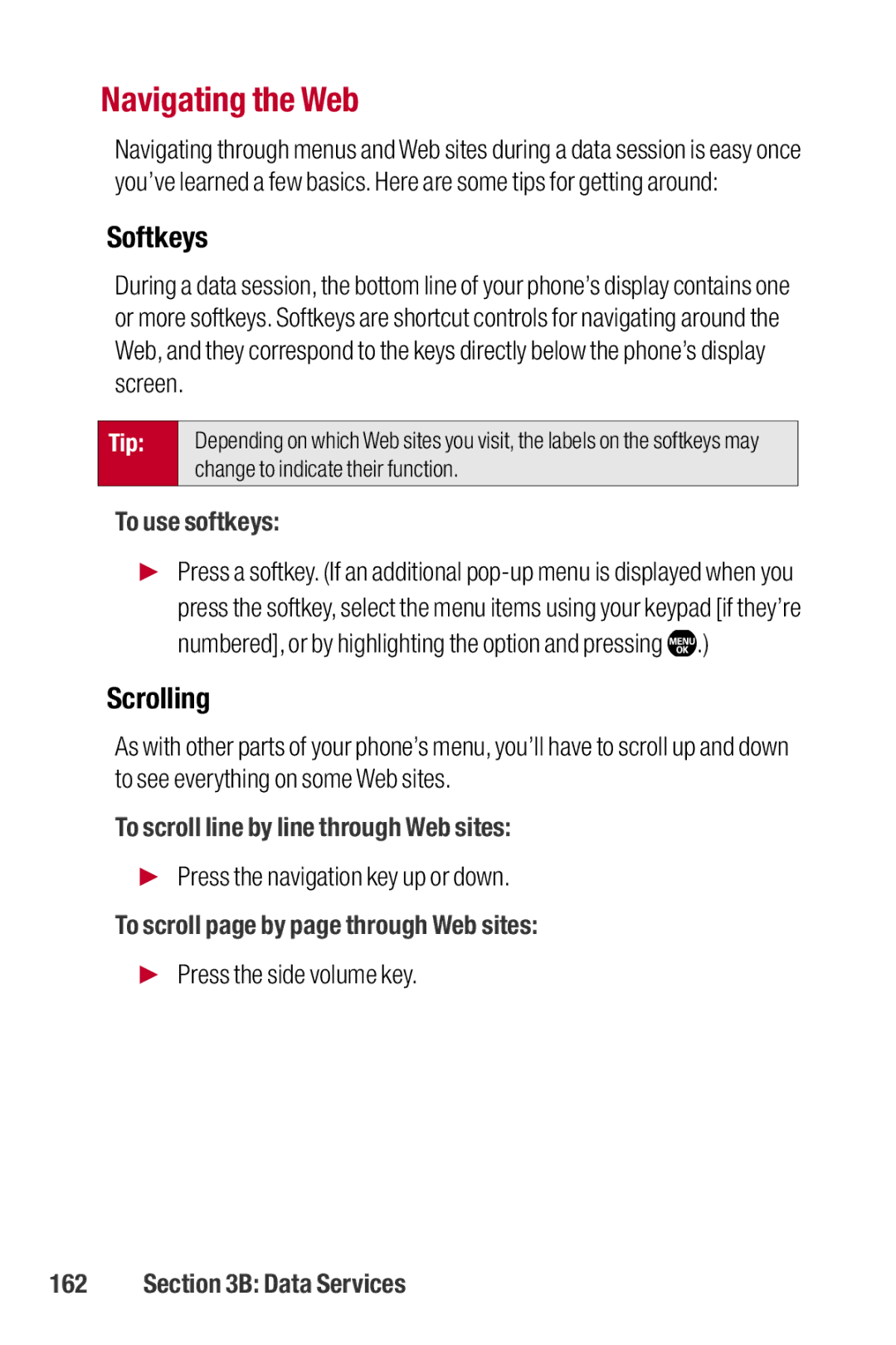 Sanyo II manual Navigating the Web, Softkeys, Scrolling 